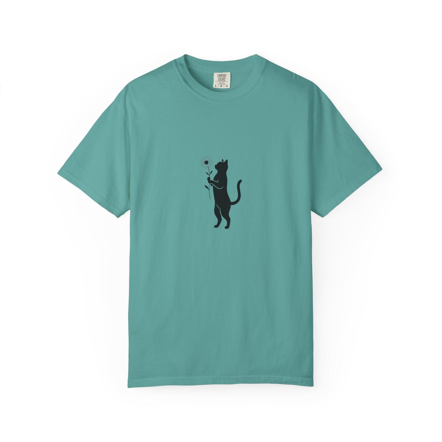 Black Cat Holding Flower T-Shirt | Minimal Cat Silhouette Tee