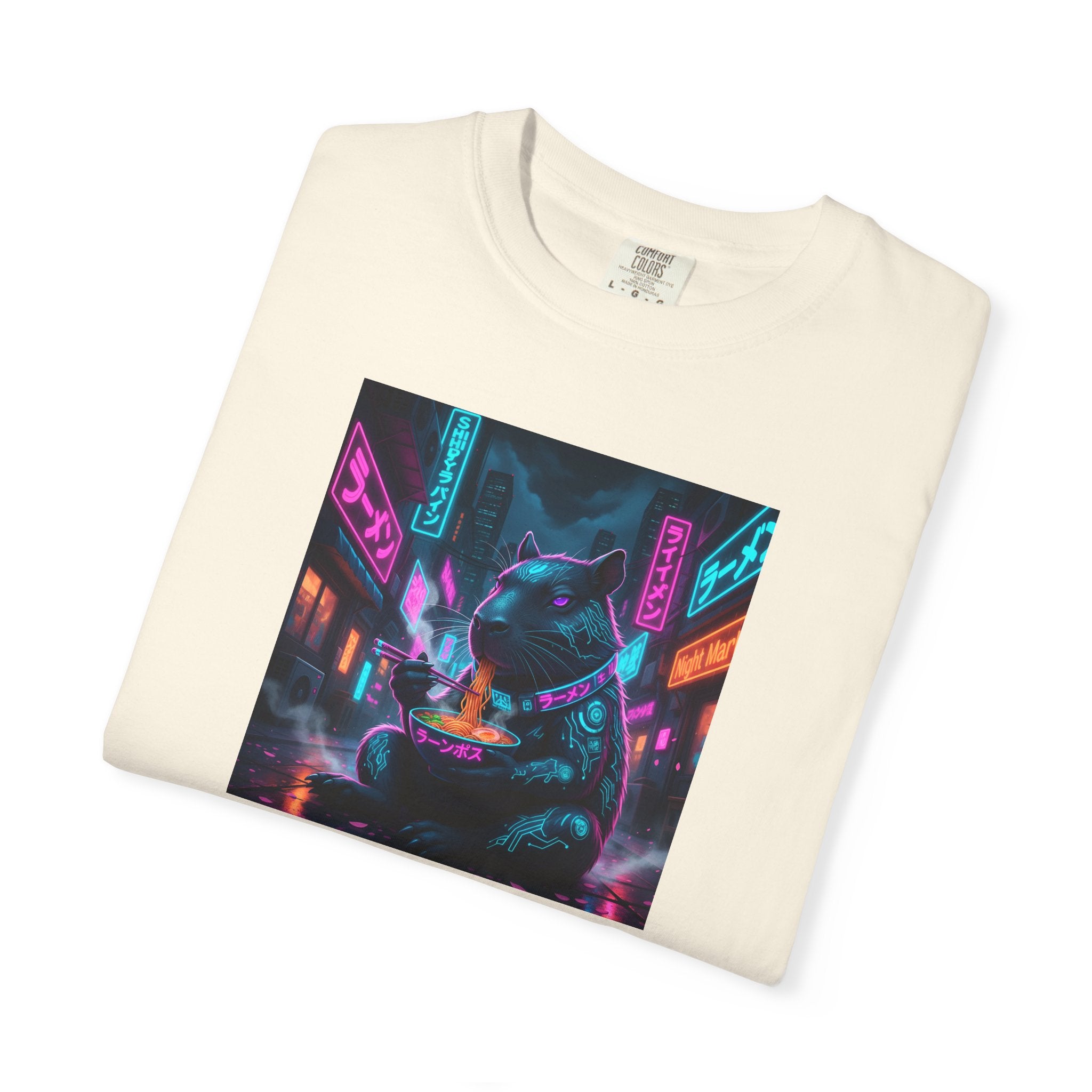 Neon Cyberpunk Capybara Cityscape T-Shirt | Futuristic Night Street Art