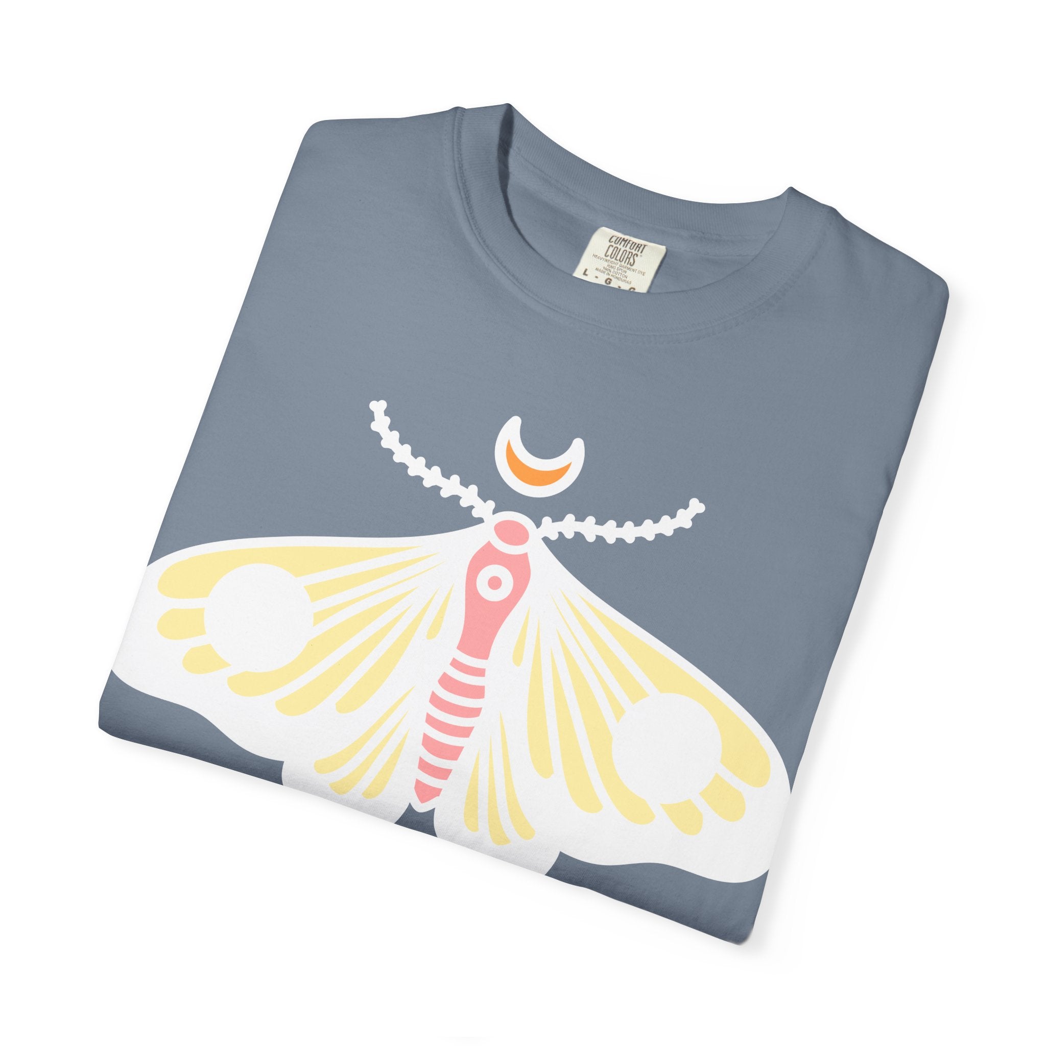 Celestial Moth T-shirt | Pink Yellow Moth with Crescent Moon