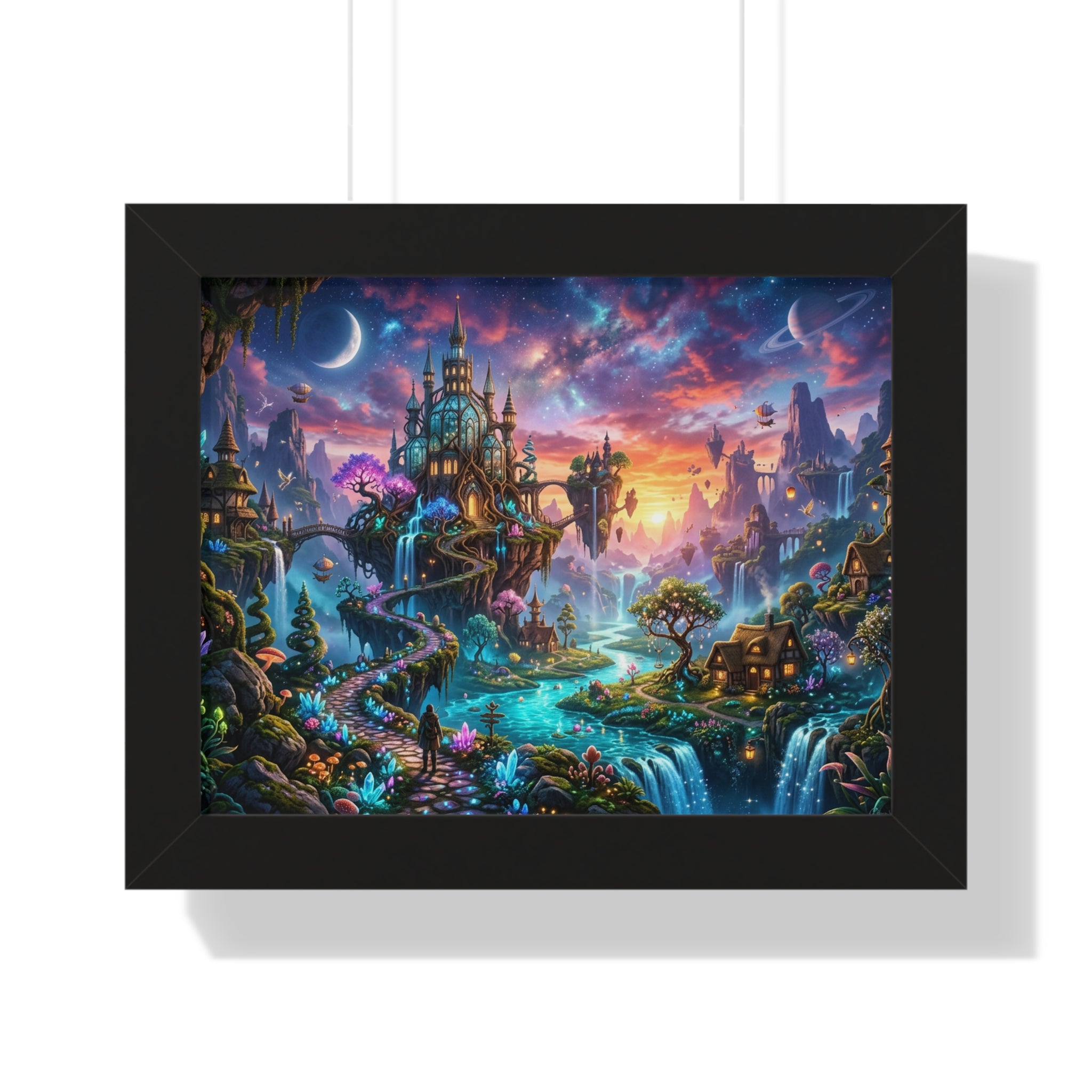 Ethereal Celestial Castle Fantasy Art Print | Dreamy Whimsical Landscape Poster | Vibrant Magical Realm Wall Decor