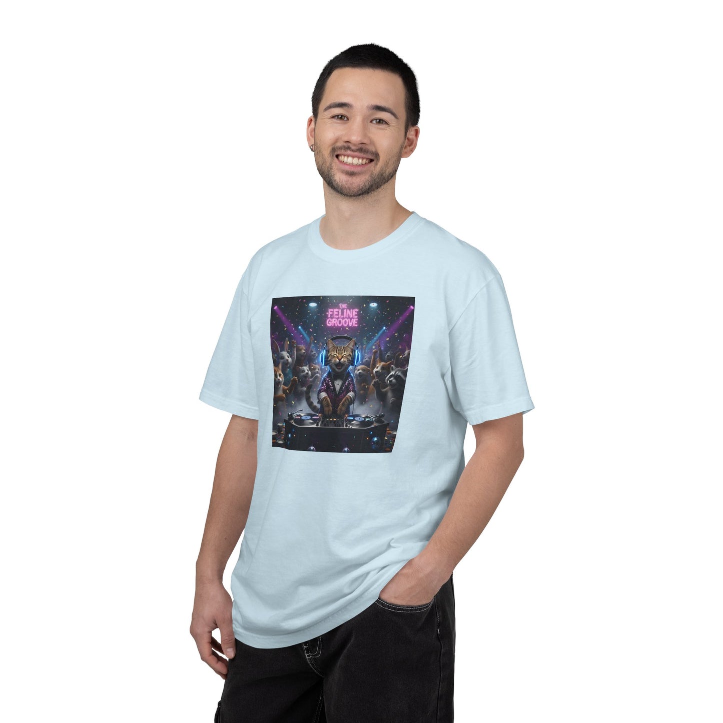 Feline Groove DJ Cat Illustration T-Shirt | Retro Neon Club Scene