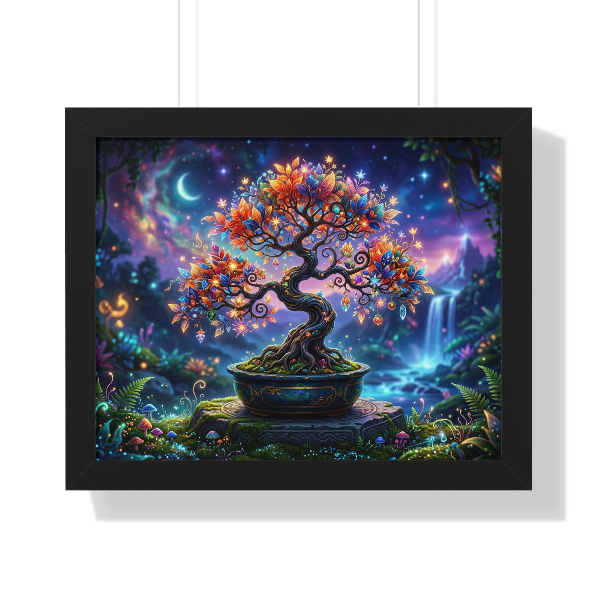 Celestial Magical Bonsai Tree Art Print, Fantasy Galaxy Tree of Life Wall Decor, Glowing Zen Garden Poster, Whimsical Mythical Landscape Art