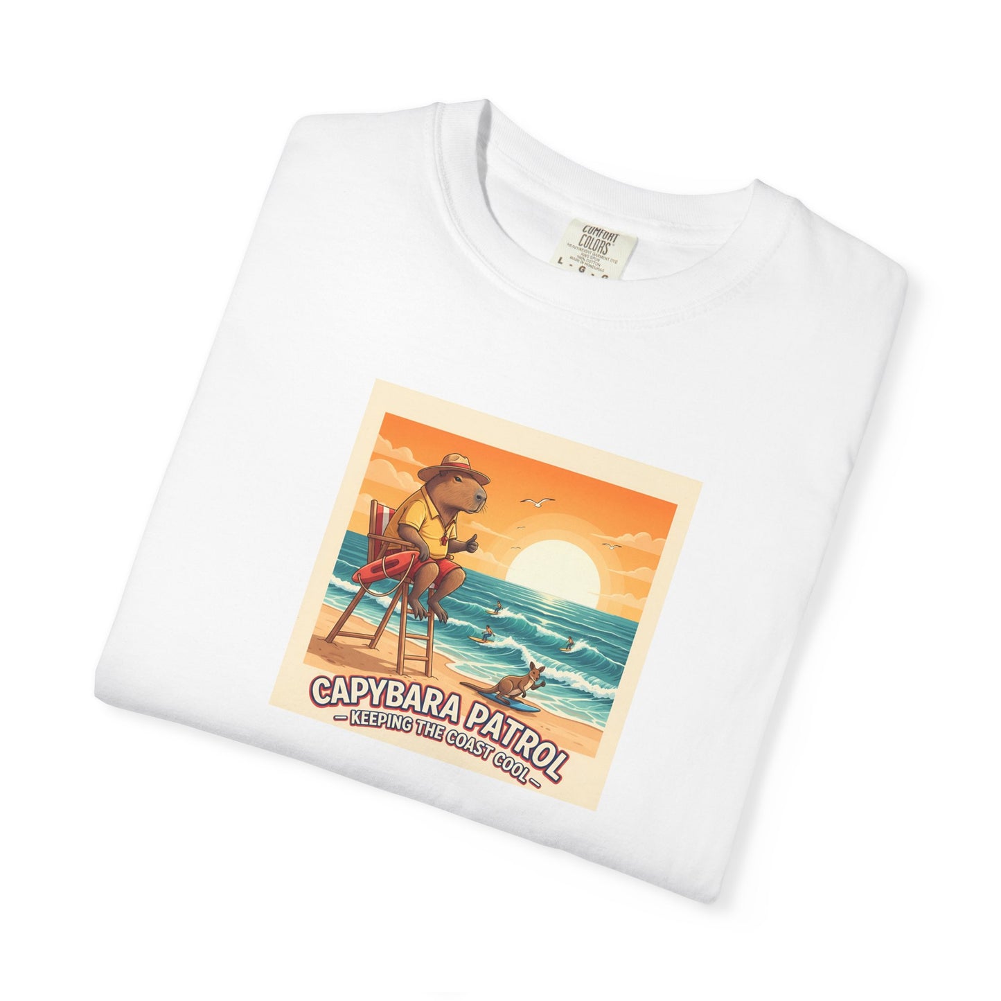 Capybara Patrol Sunset Surfing Capybara T-Shirt | Retro Beach Vibes