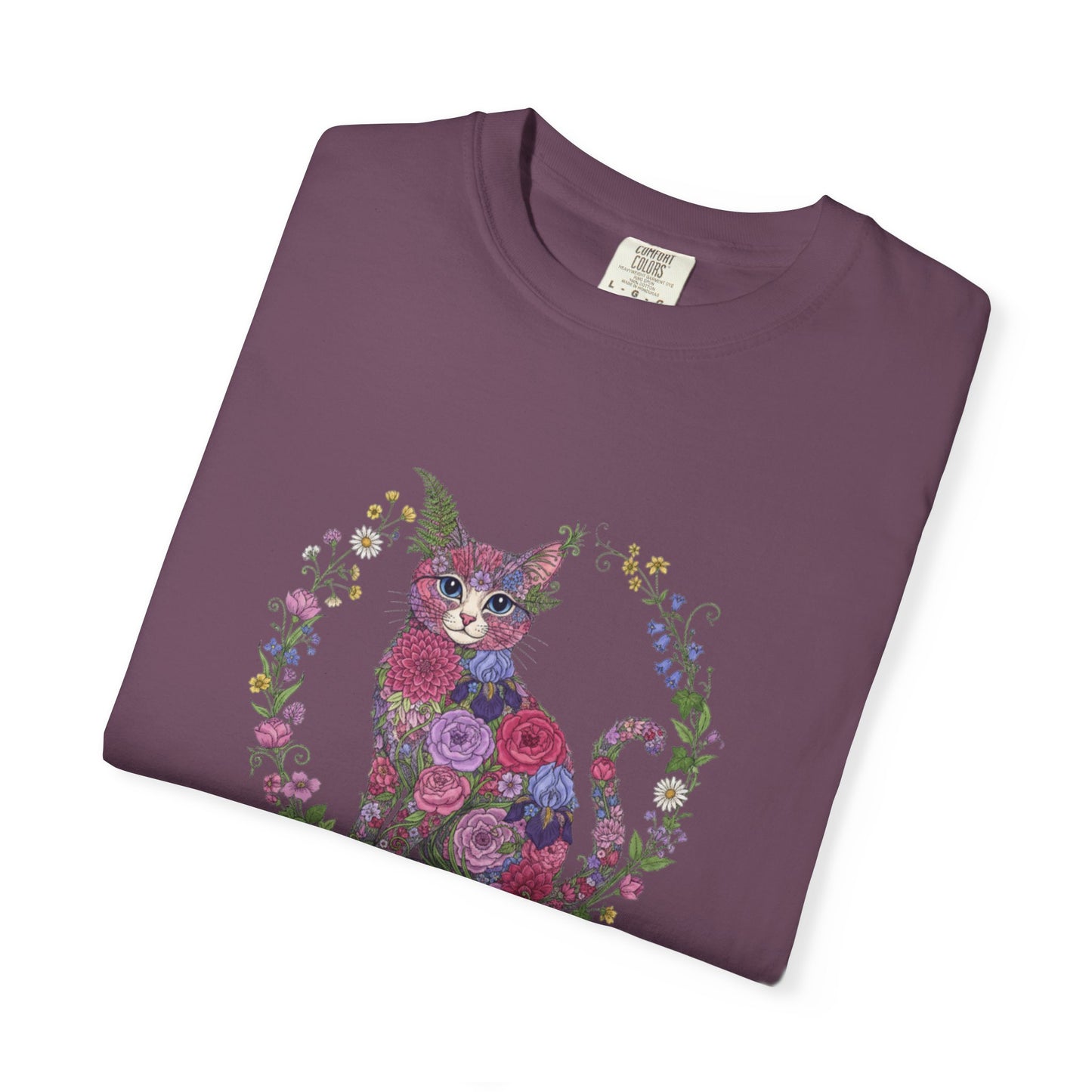 Floral Cat Illustration T-shirt | Botanical Kitty Circle Print