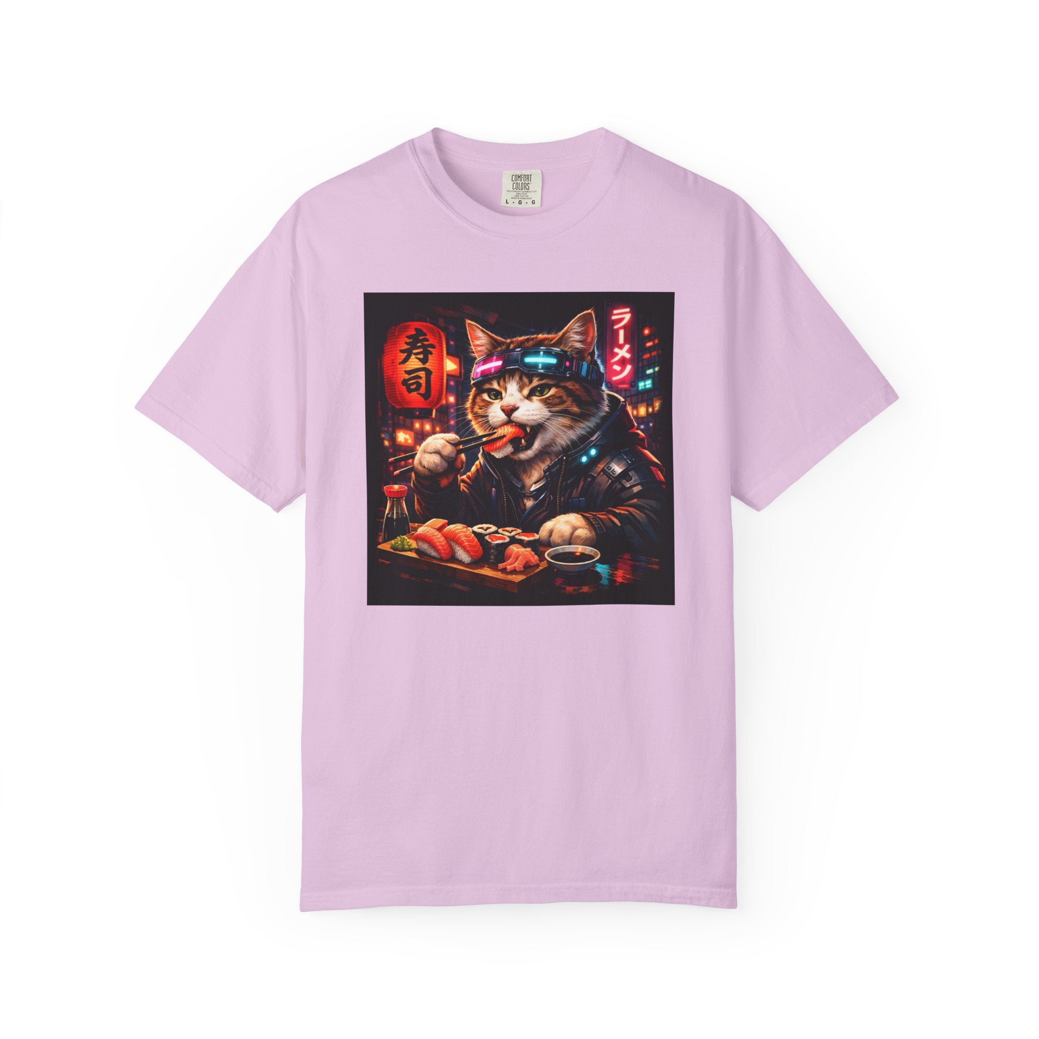Sushi-Eating Cat T-Shirt | Neon Japanese Street Food Art