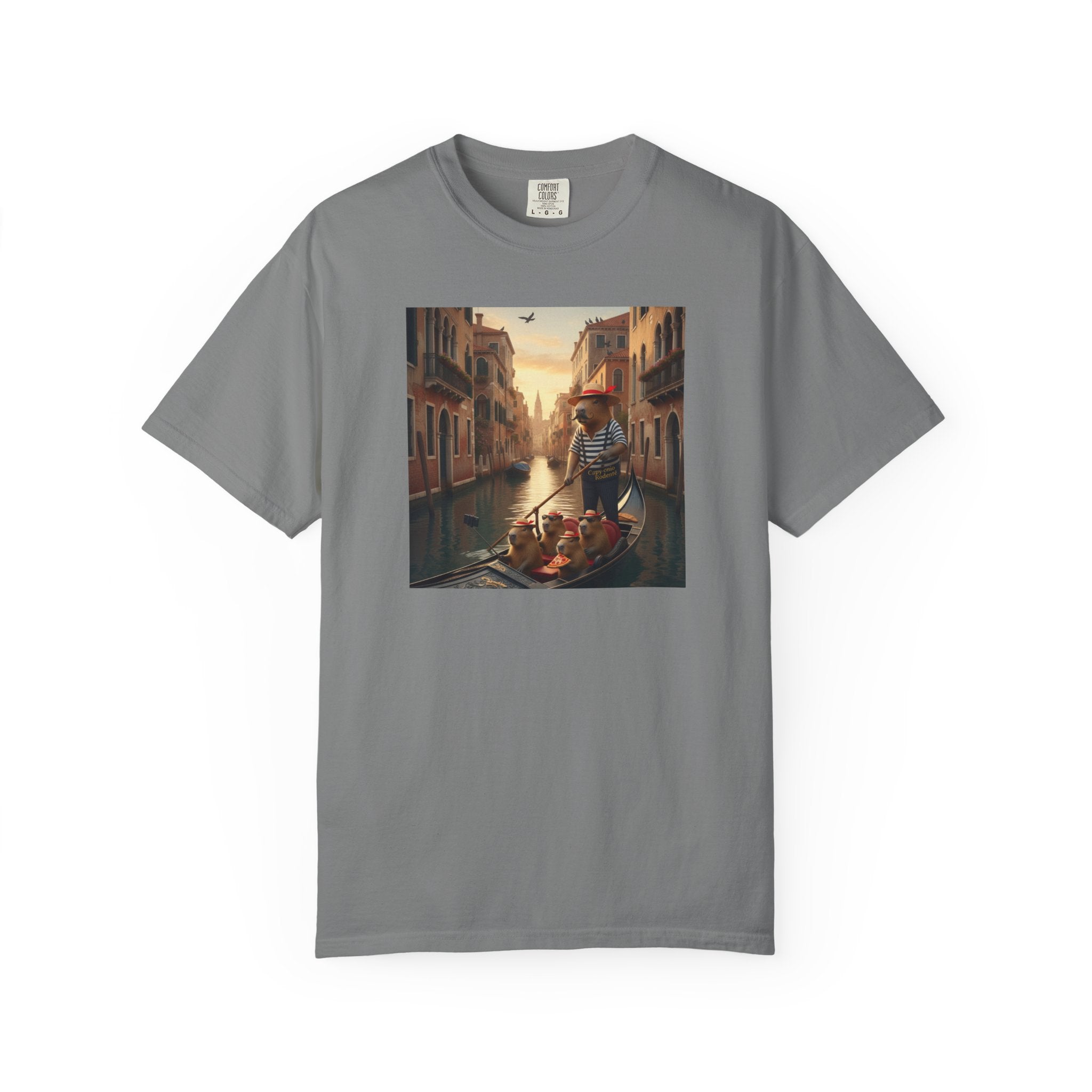 Capybara Venice Gondola Sunset T-shirt | Scenic Canal Travel Art