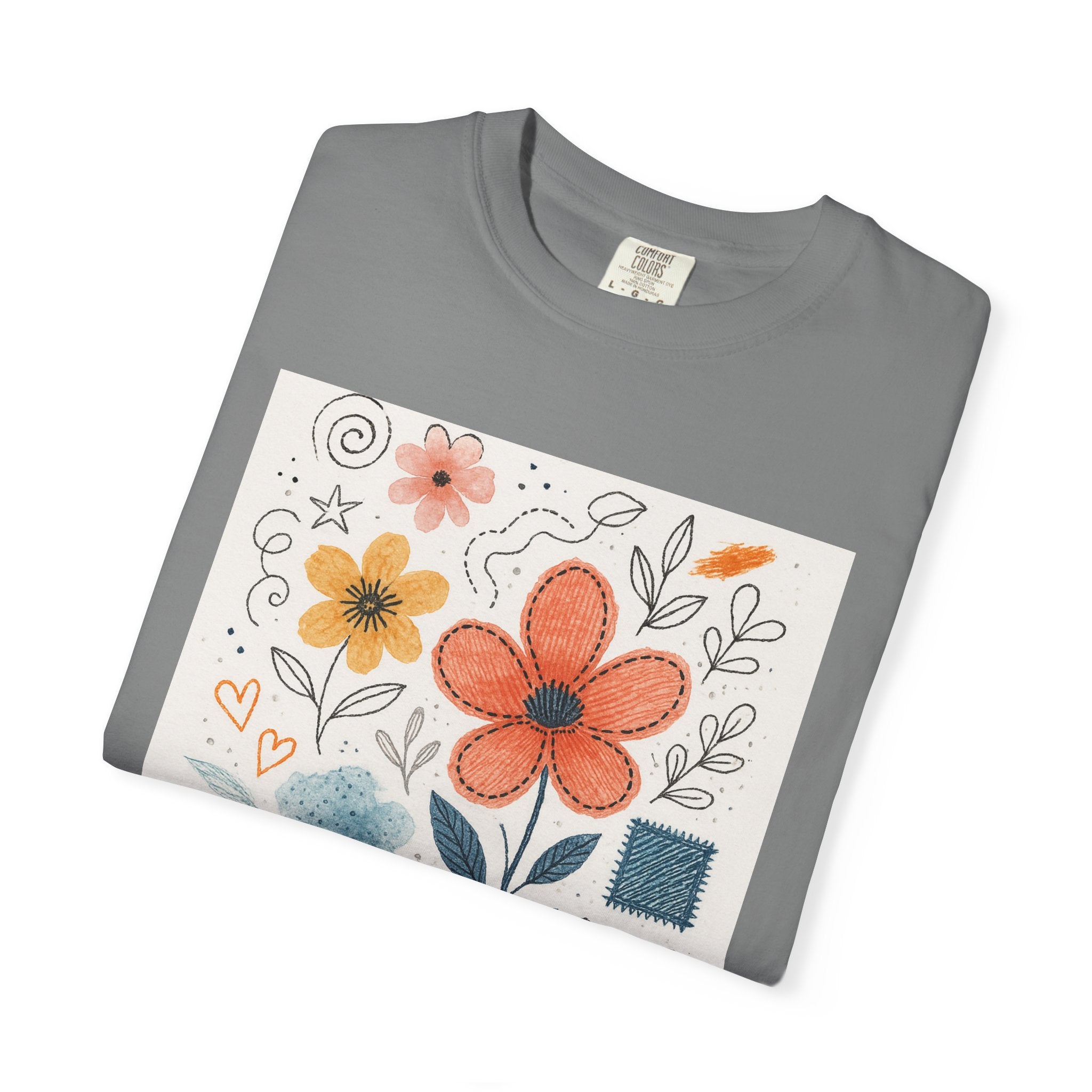 Hand-drawn Watercolor Floral Doodles T-shirt | Linocut & Embroidery Texture