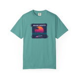 Miami Nights Sunset Palm T-shirt | Retro Vaporwave Beach Scene
