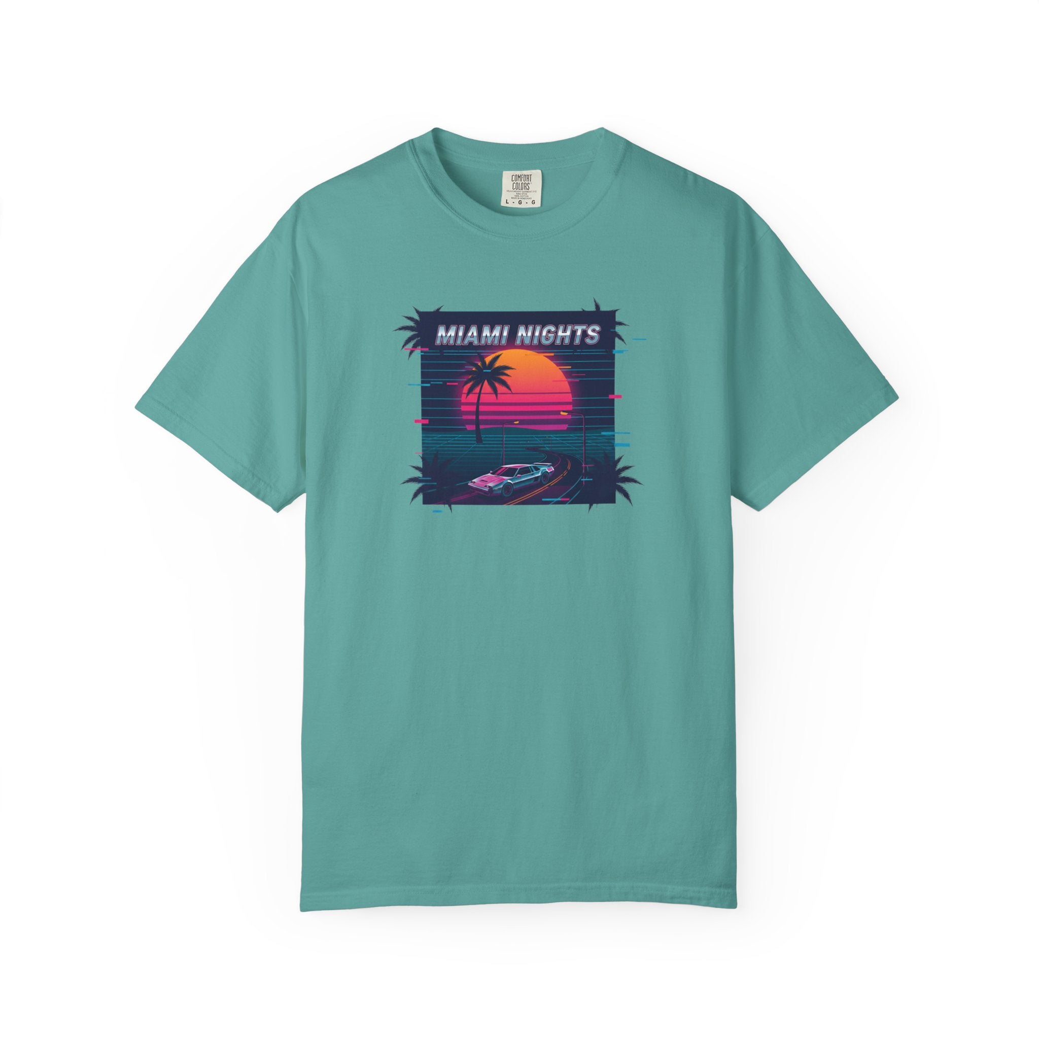 Miami Nights Sunset Palm T-shirt | Retro Vaporwave Beach Scene