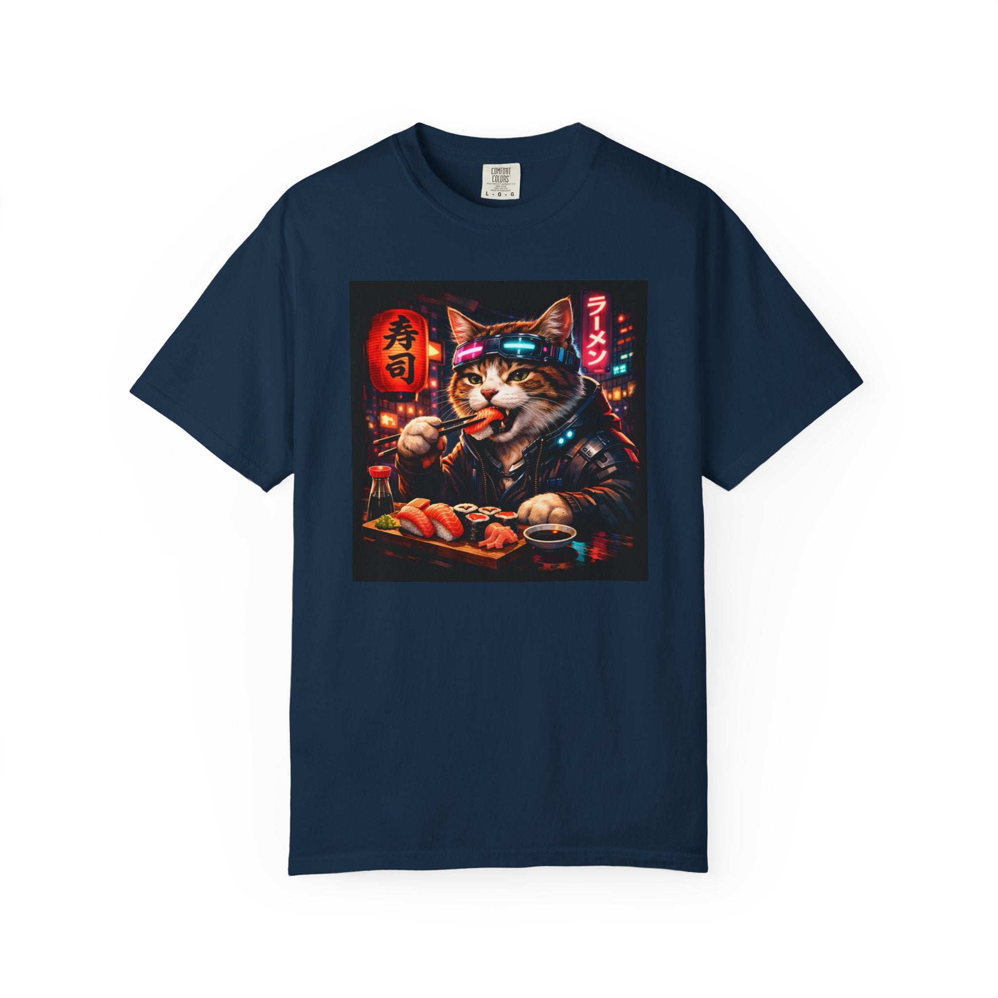 Sushi-Eating Cat T-Shirt | Neon Japanese Street Food Art