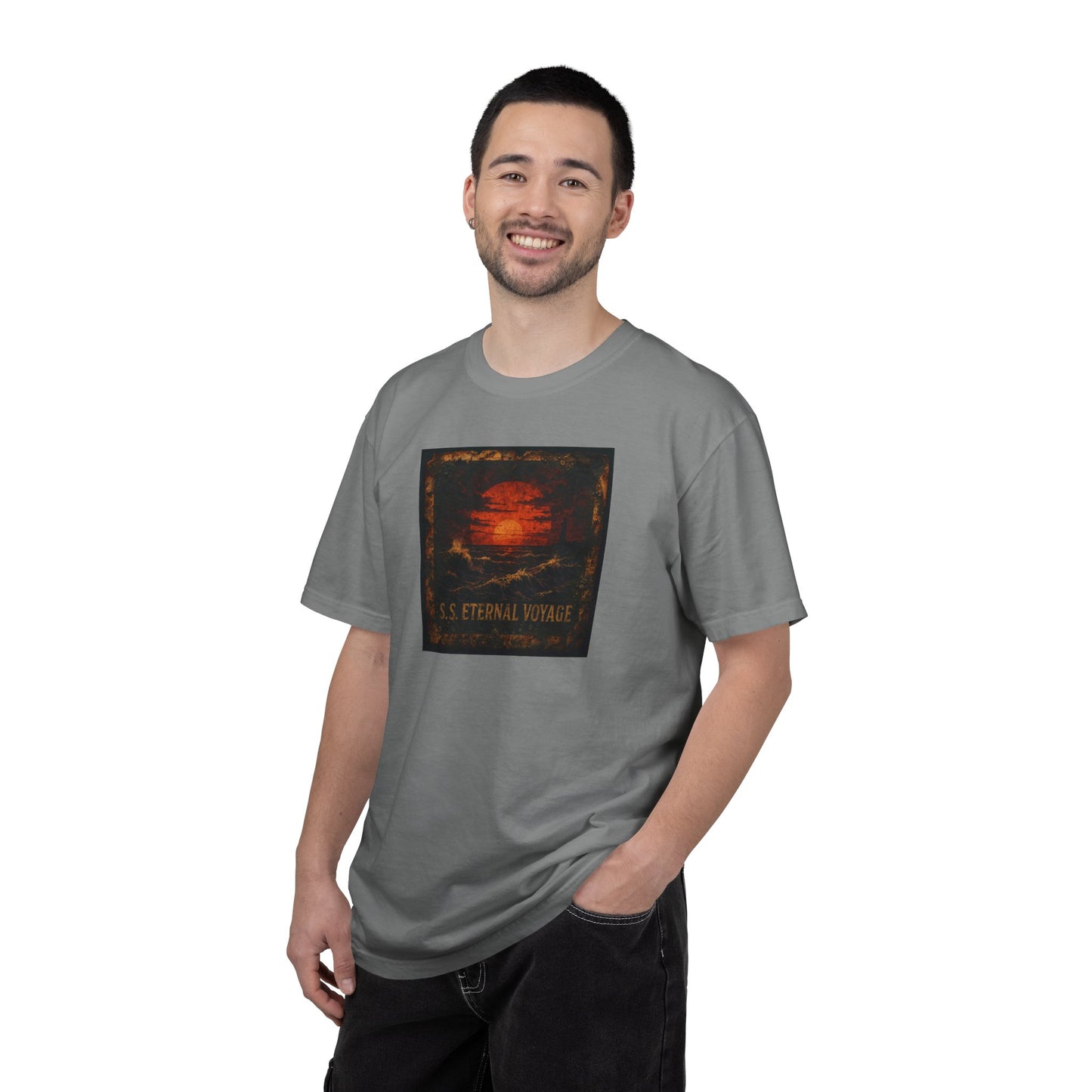 Eternal Voyage Sunset Illustration T-Shirt | Vintage Ocean Scene