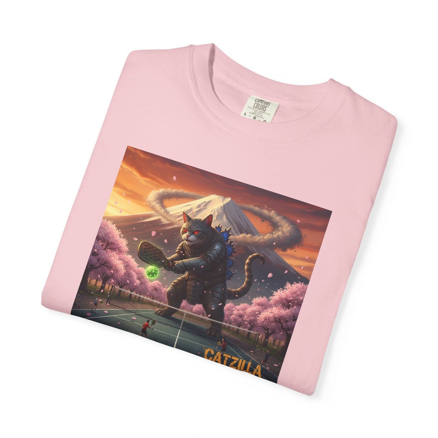 Catzilla Pickleball Destroyer T-shirt | Kaiju Cat Samurai, Mount Fuji Cherry Blossoms