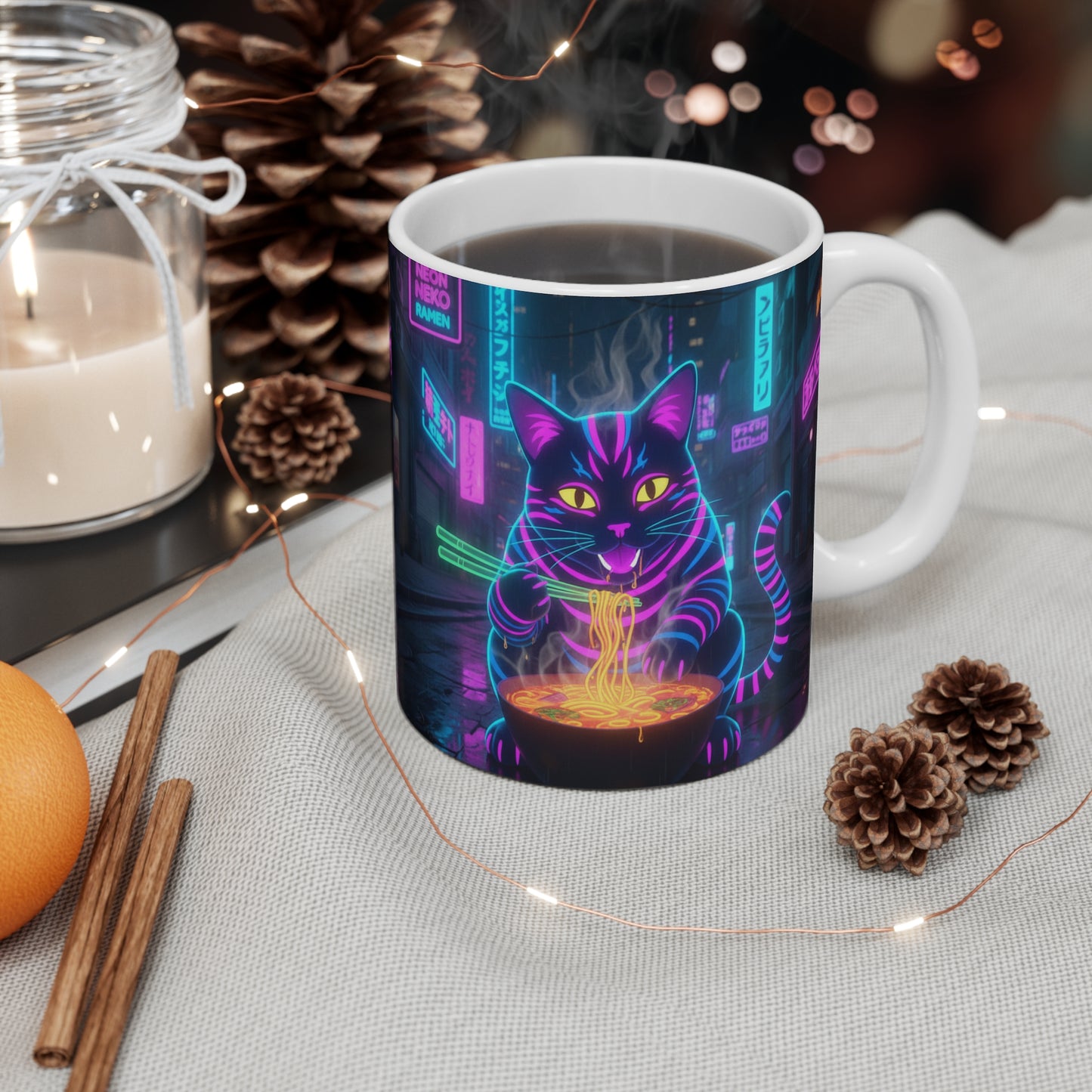Neon Ramen Cyberpunk Cat Mug | 11oz Ceramic Coffee Cup