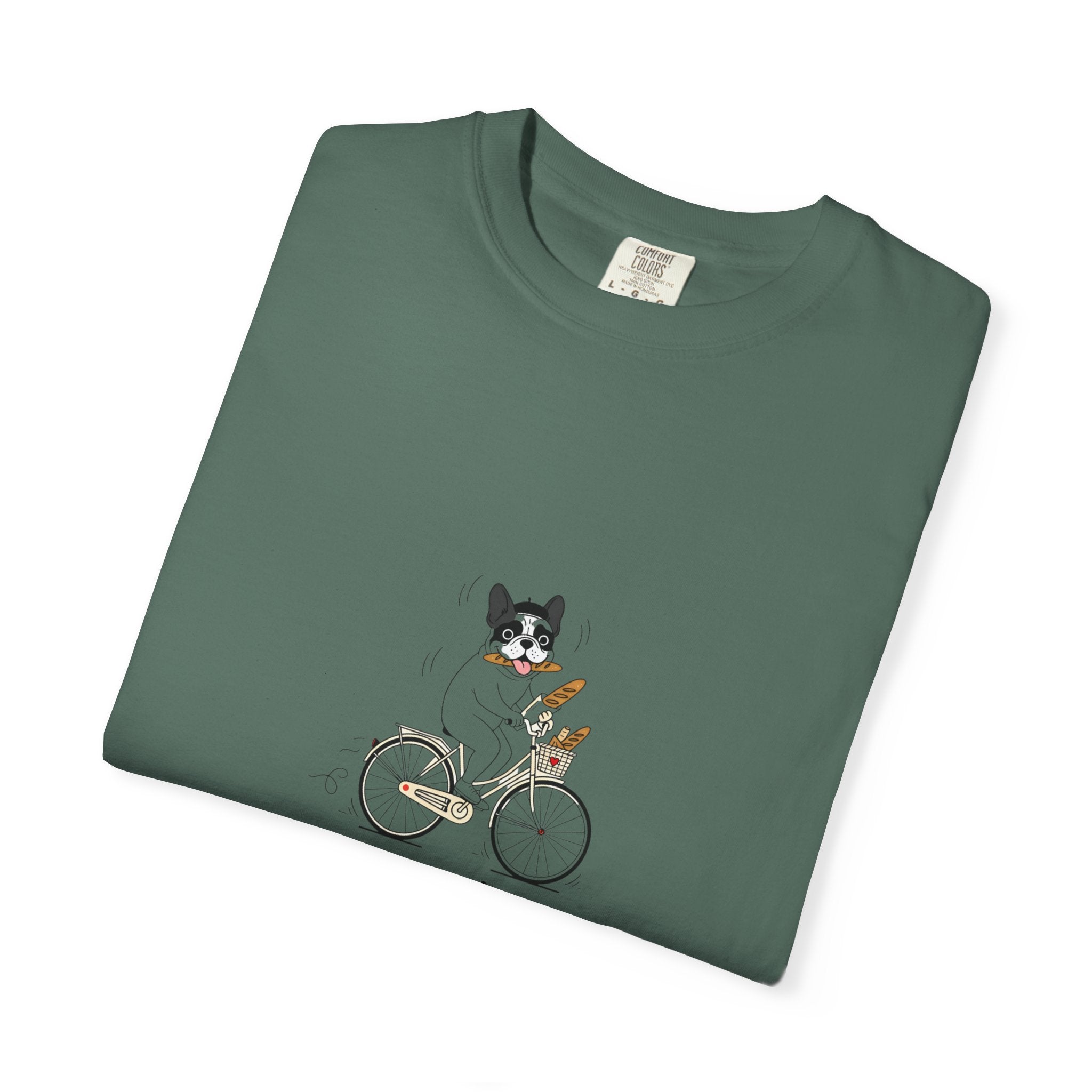 French Bulldog on Bicycle T-shirt | Cute Dog Illustration, 'Oui!' Text