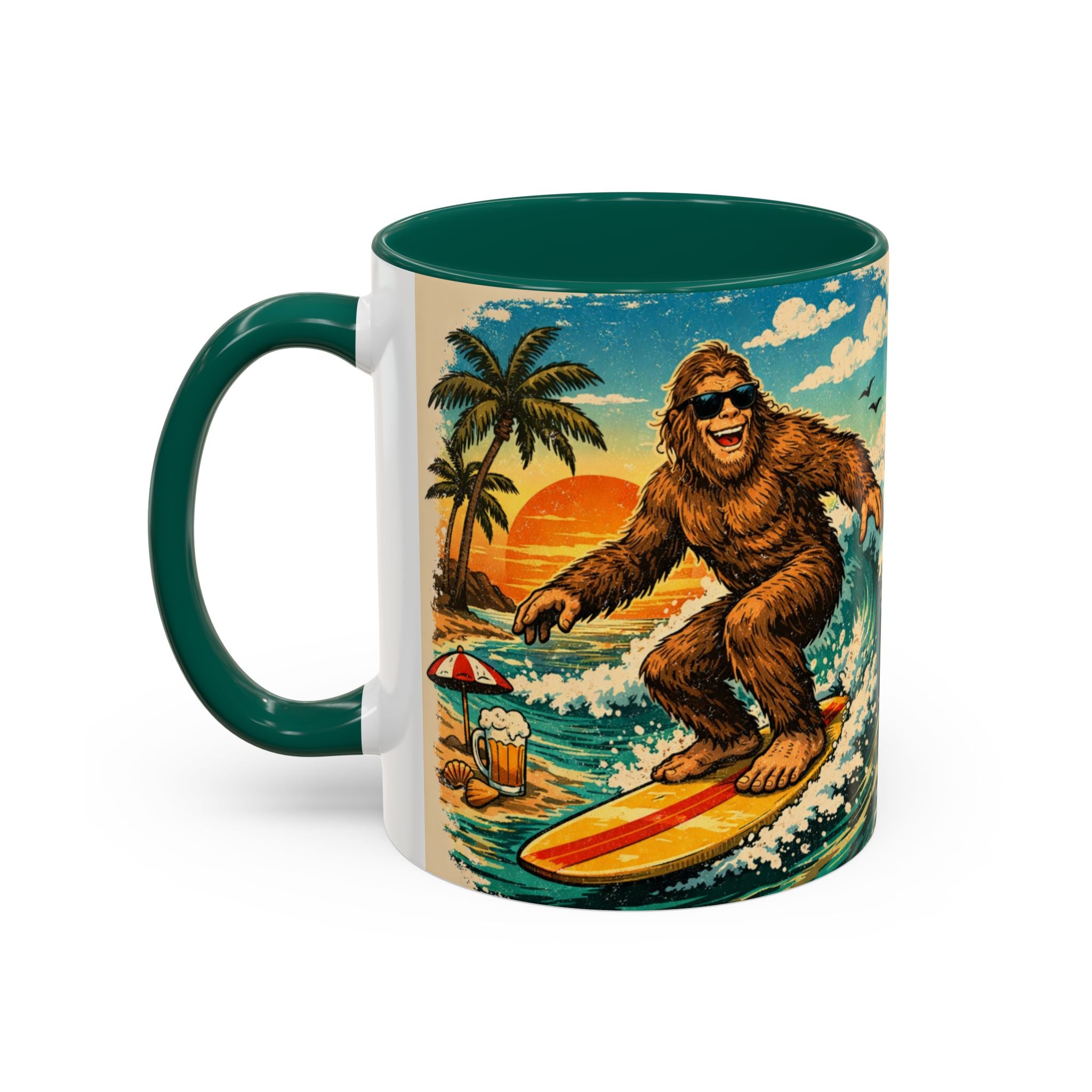 Surfing Bigfoot Mug | Retro Beach Sunset Bigfoot Wave Coffee Cup