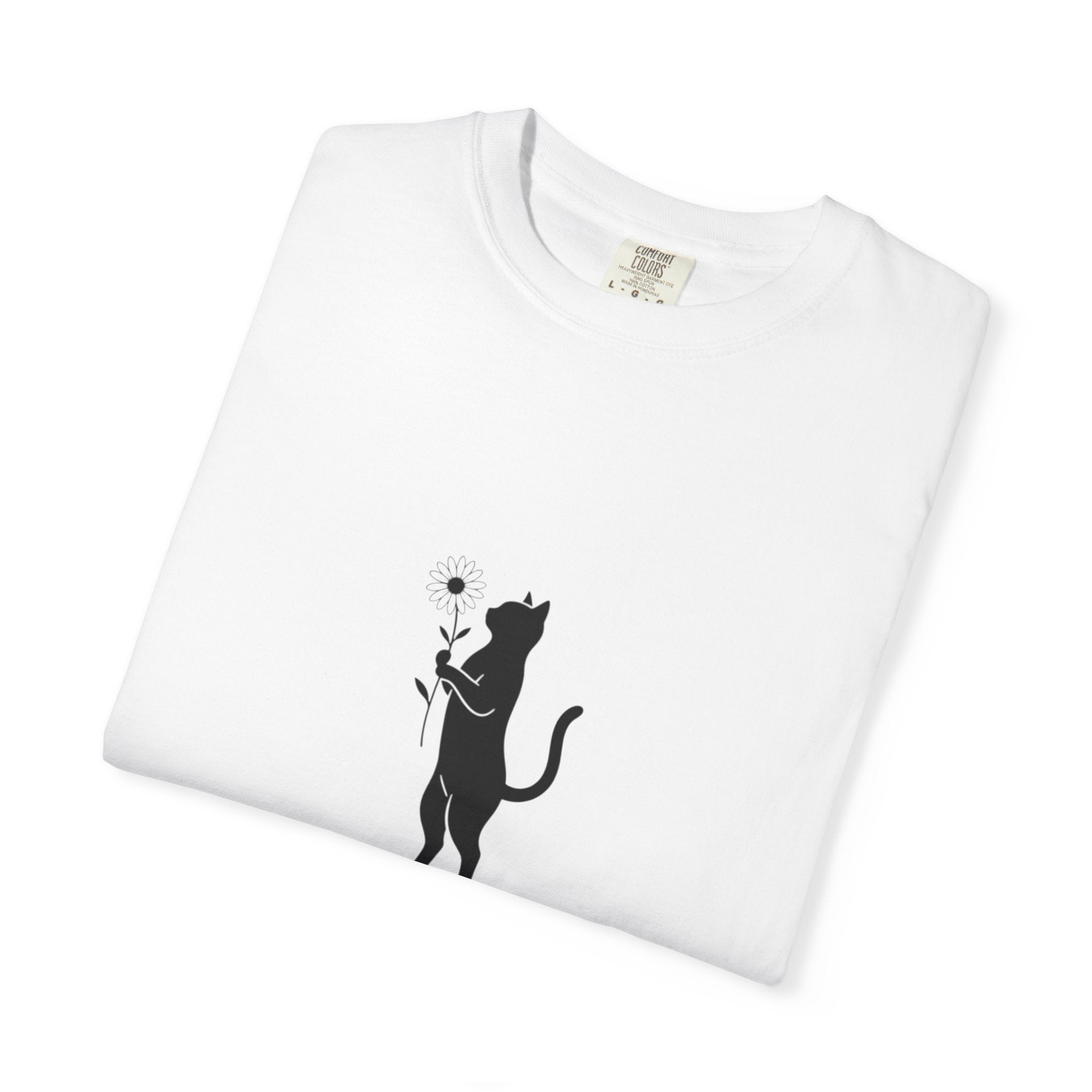 Black Cat Holding Flower T-Shirt | Minimal Cat Silhouette Tee