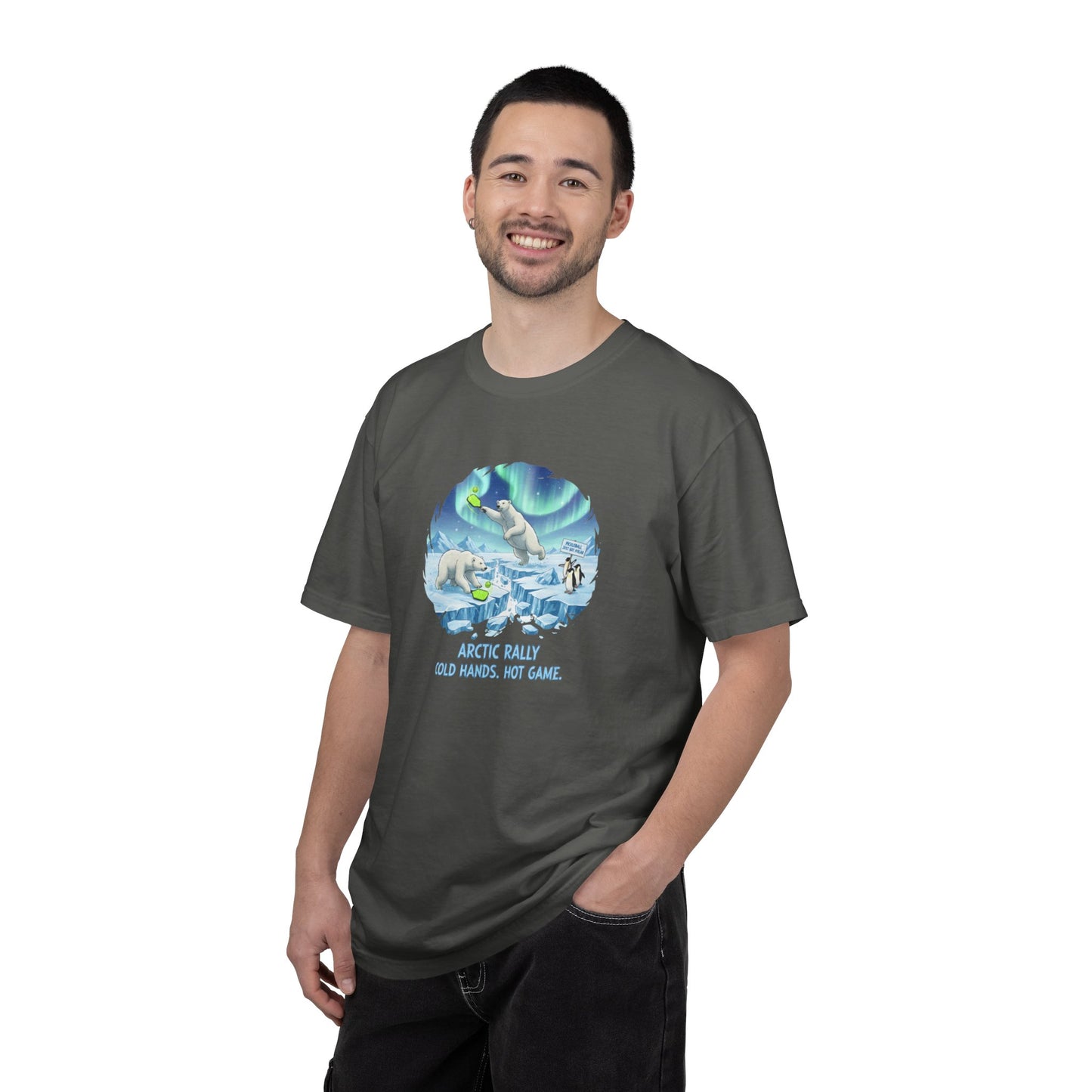 Arctic Rally Polar Bears Playing Pickleball T-Shirt | Northern Lights Illustration