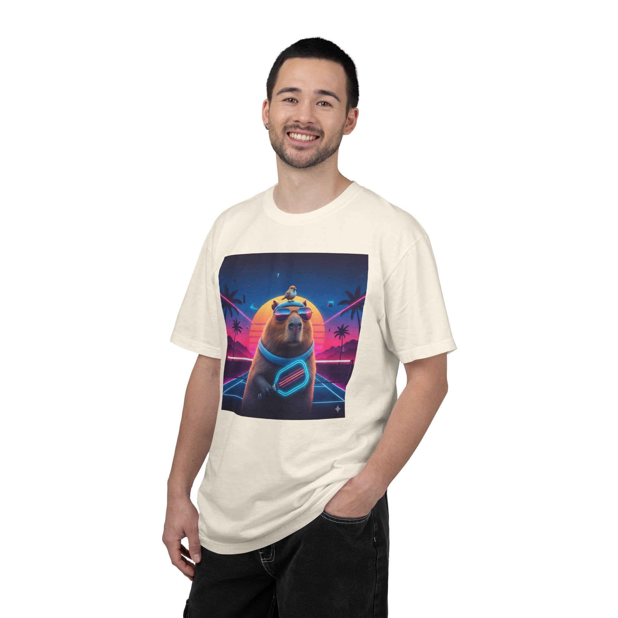 Retro Vaporwave Capybara with Sunglasses T-shirt | Neon Sunset Palm Trees