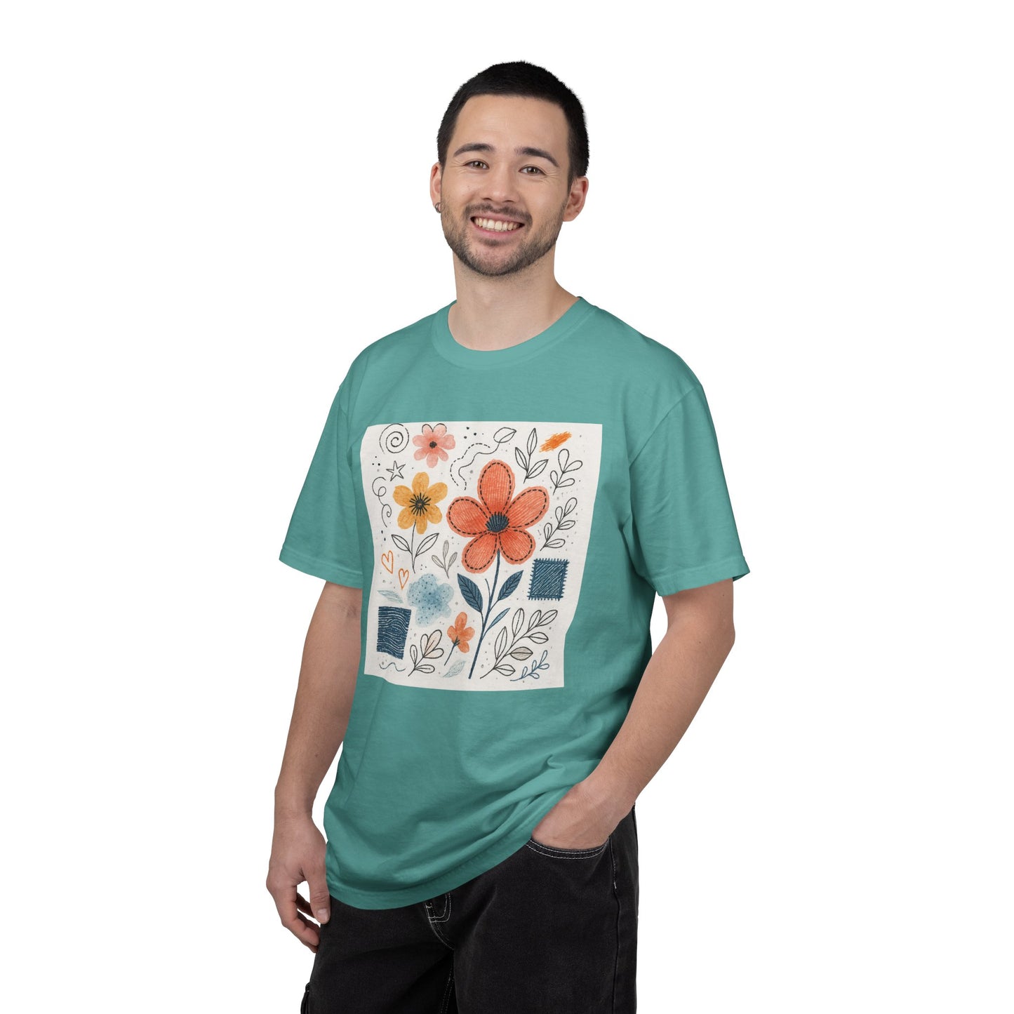Hand-drawn Watercolor Floral Doodles T-shirt | Linocut & Embroidery Texture