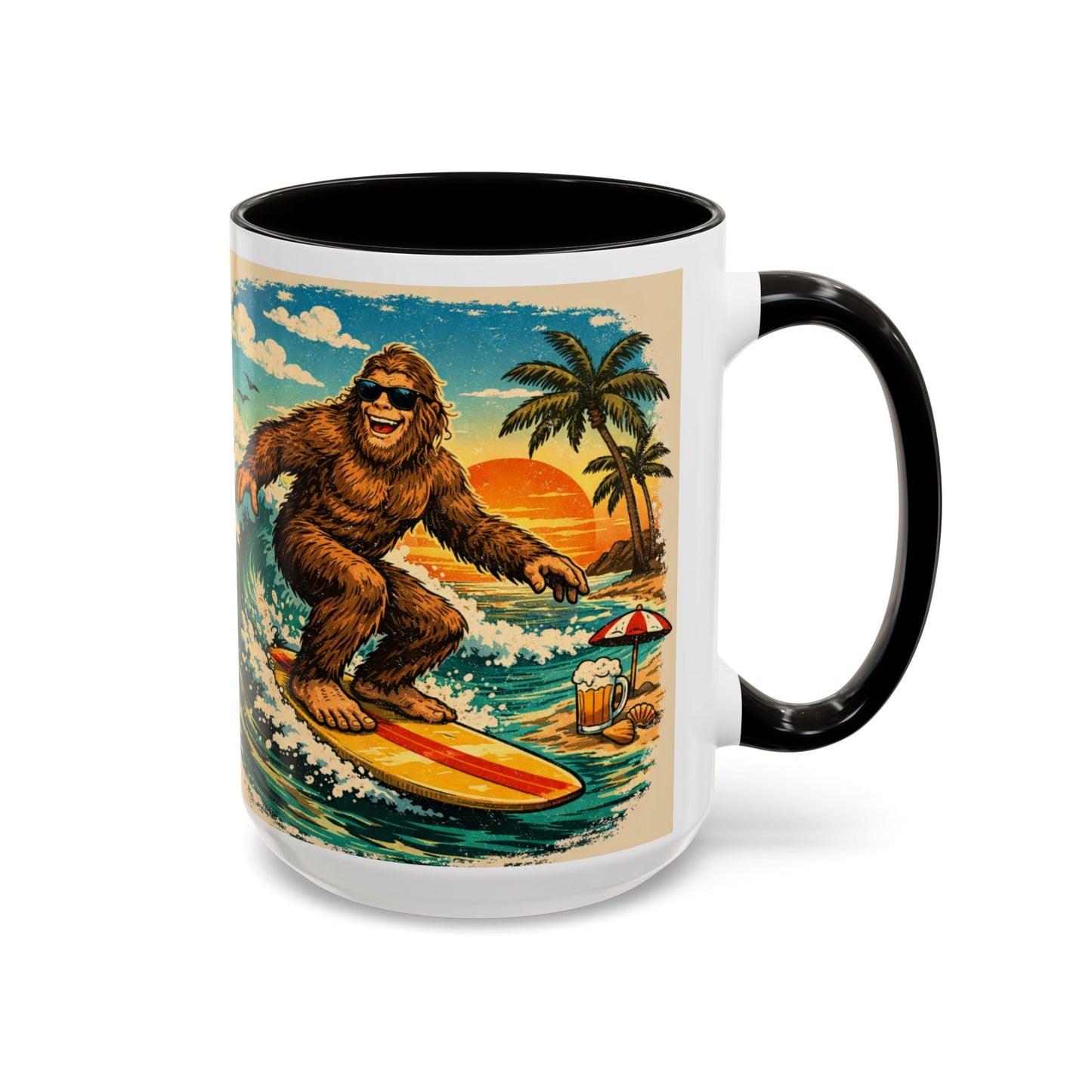 Surfing Bigfoot Mug | Retro Beach Sunset Bigfoot Wave Coffee Cup