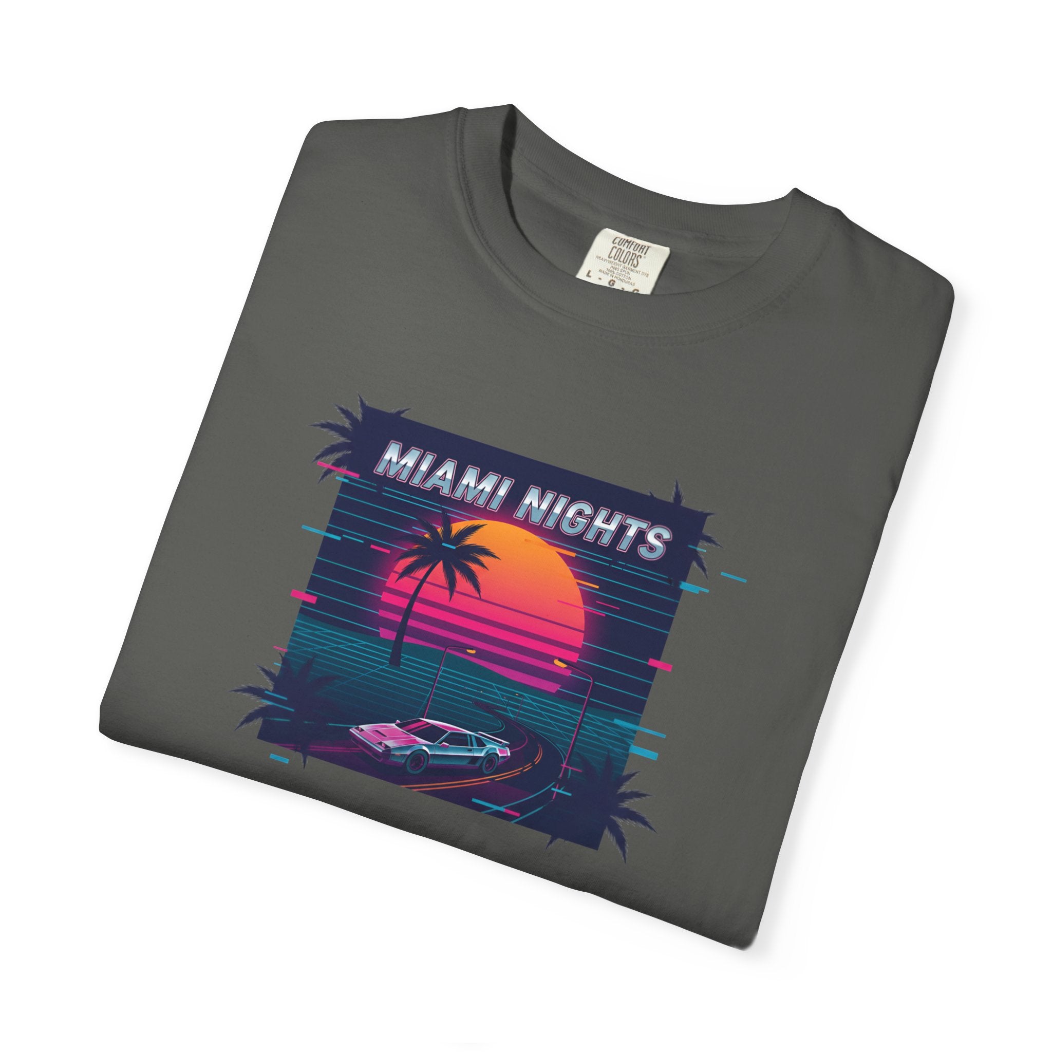 Miami Nights Sunset Palm T-shirt | Retro Vaporwave Beach Scene