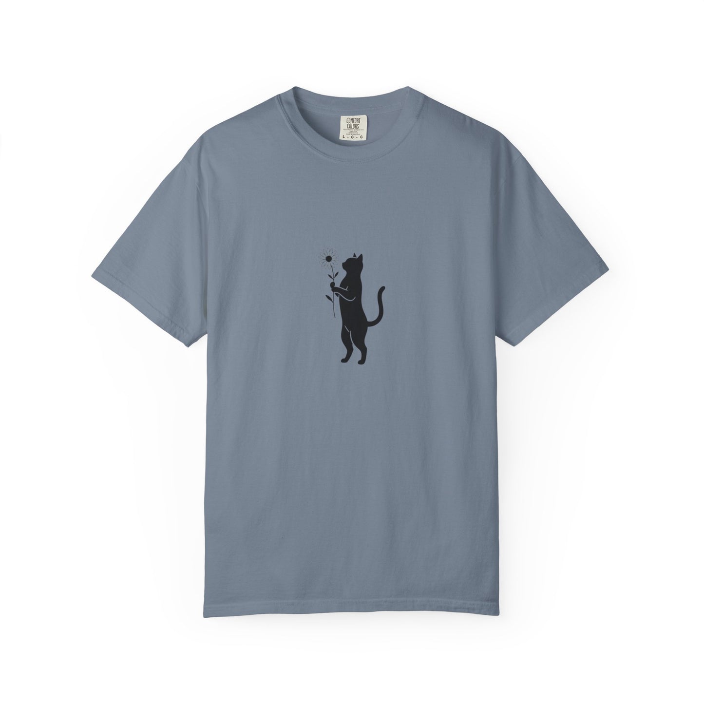 Black Cat Holding Flower T-Shirt | Minimal Cat Silhouette Tee