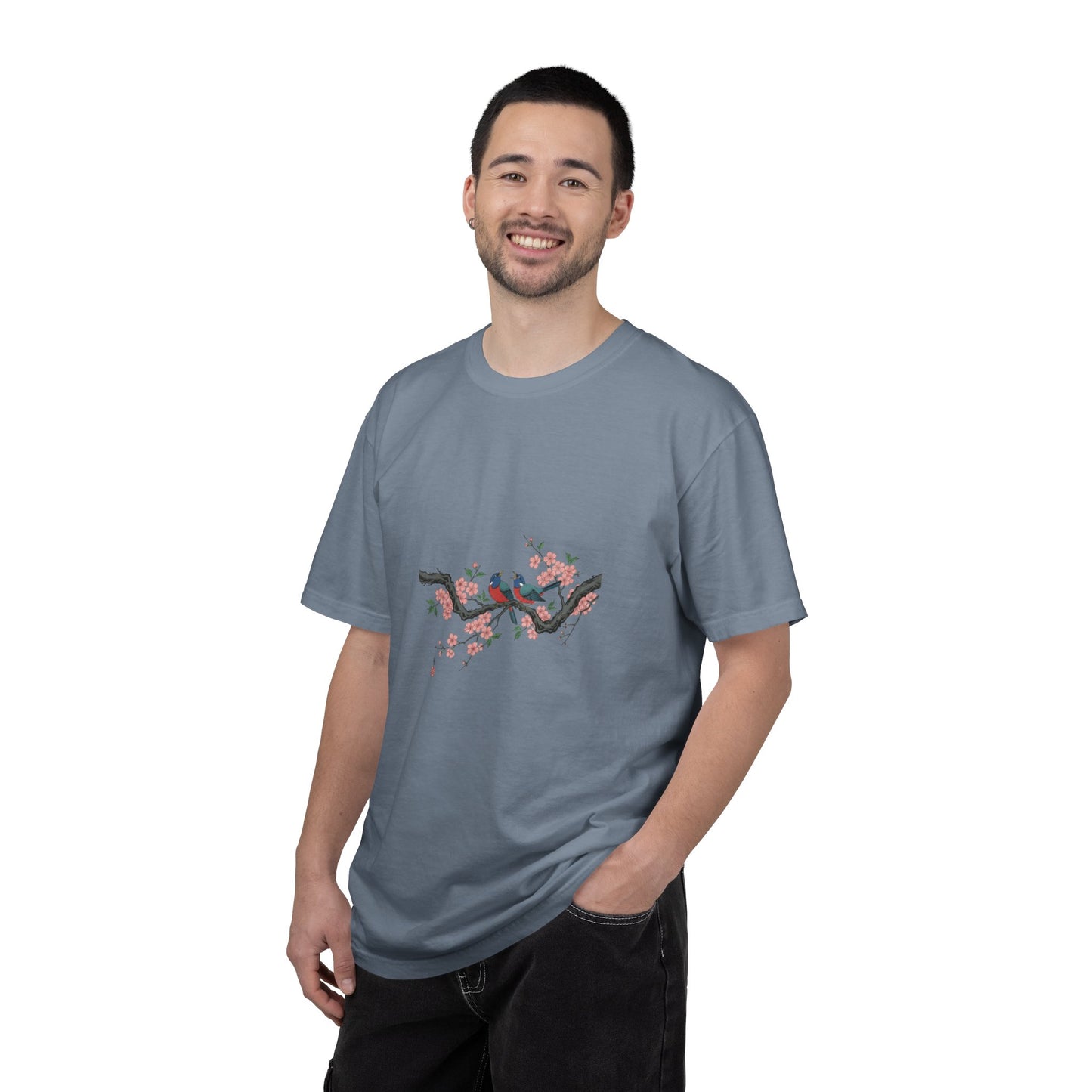 Birds on Cherry Blossom Branch T-Shirt | Japanese Floral Illustration