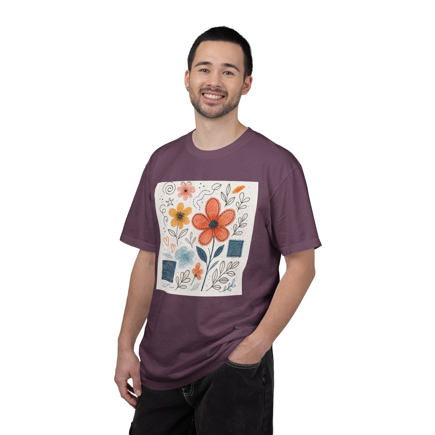 Hand-drawn Watercolor Floral Doodles T-shirt | Linocut & Embroidery Texture