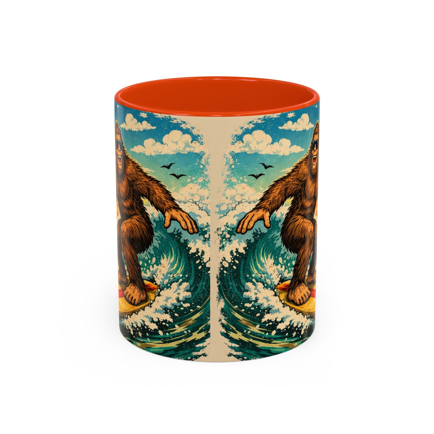 Surfing Bigfoot Mug | Retro Beach Sunset Bigfoot Wave Coffee Cup