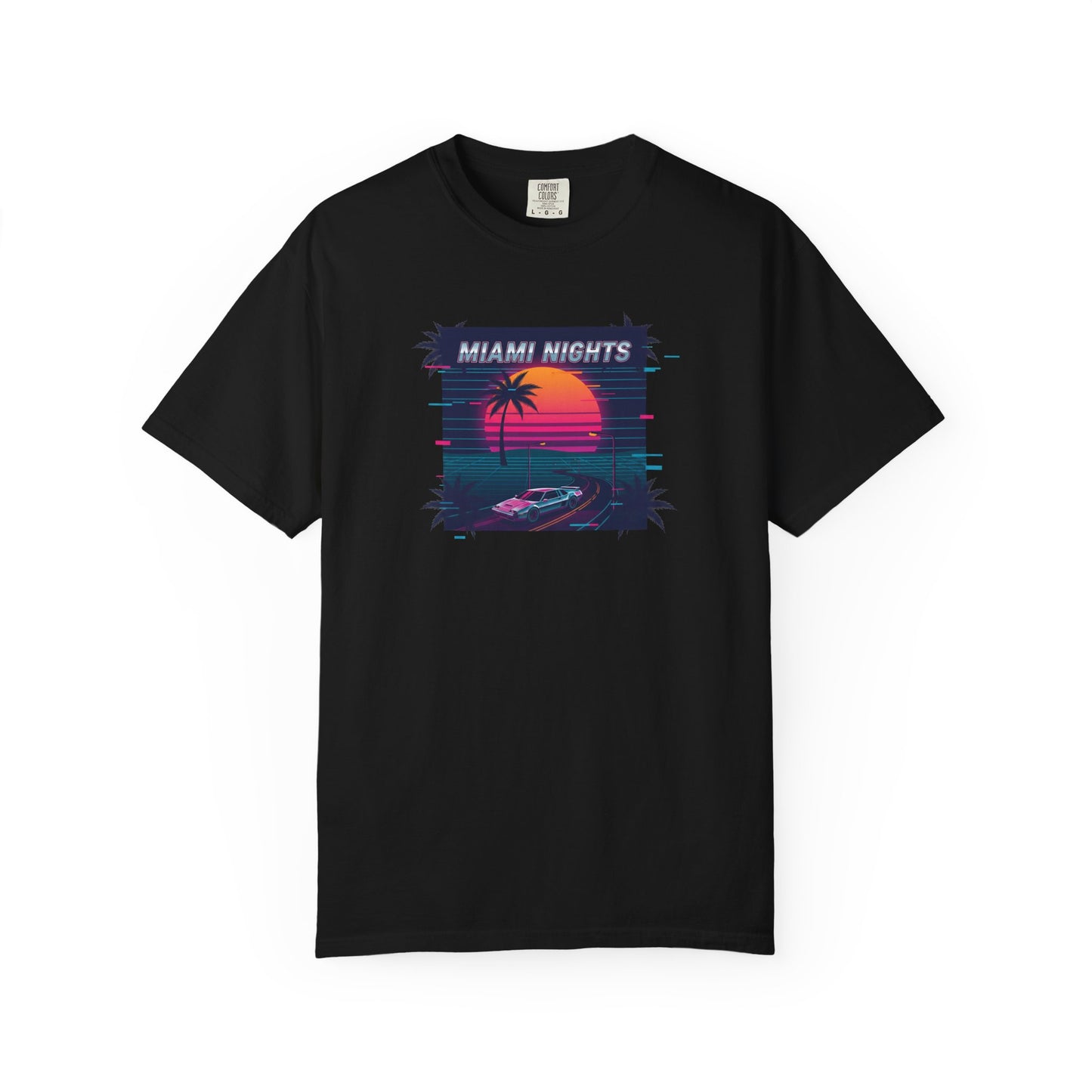 Miami Nights Sunset Palm T-shirt | Retro Vaporwave Beach Scene