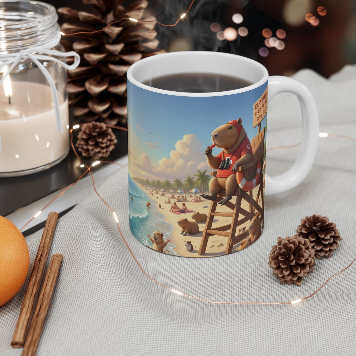 Beach Lifeguard Capybara Mug | Cute Animal Beach Scene, Ocean Sunrise