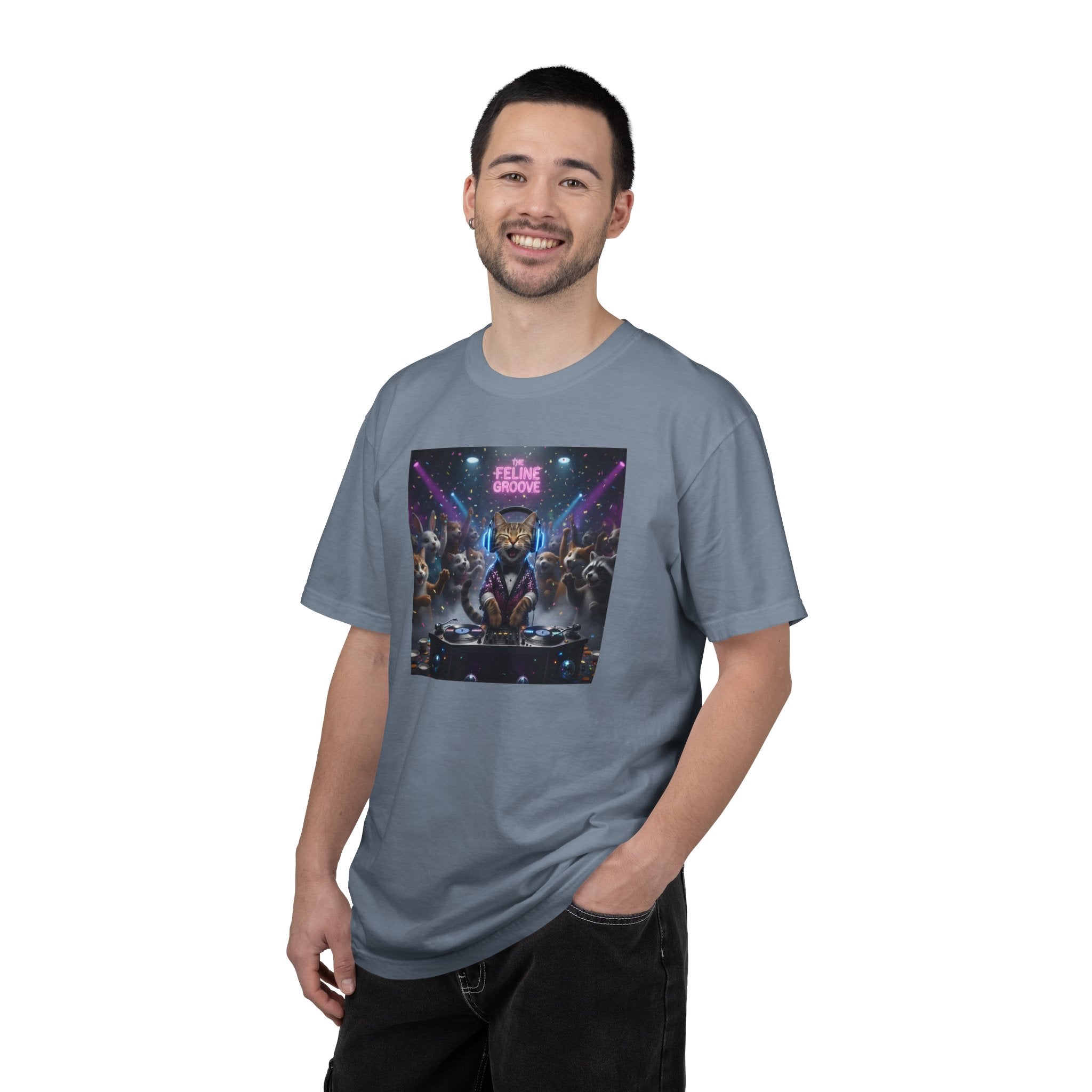 Feline Groove DJ Cat Illustration T-Shirt | Retro Neon Club Scene