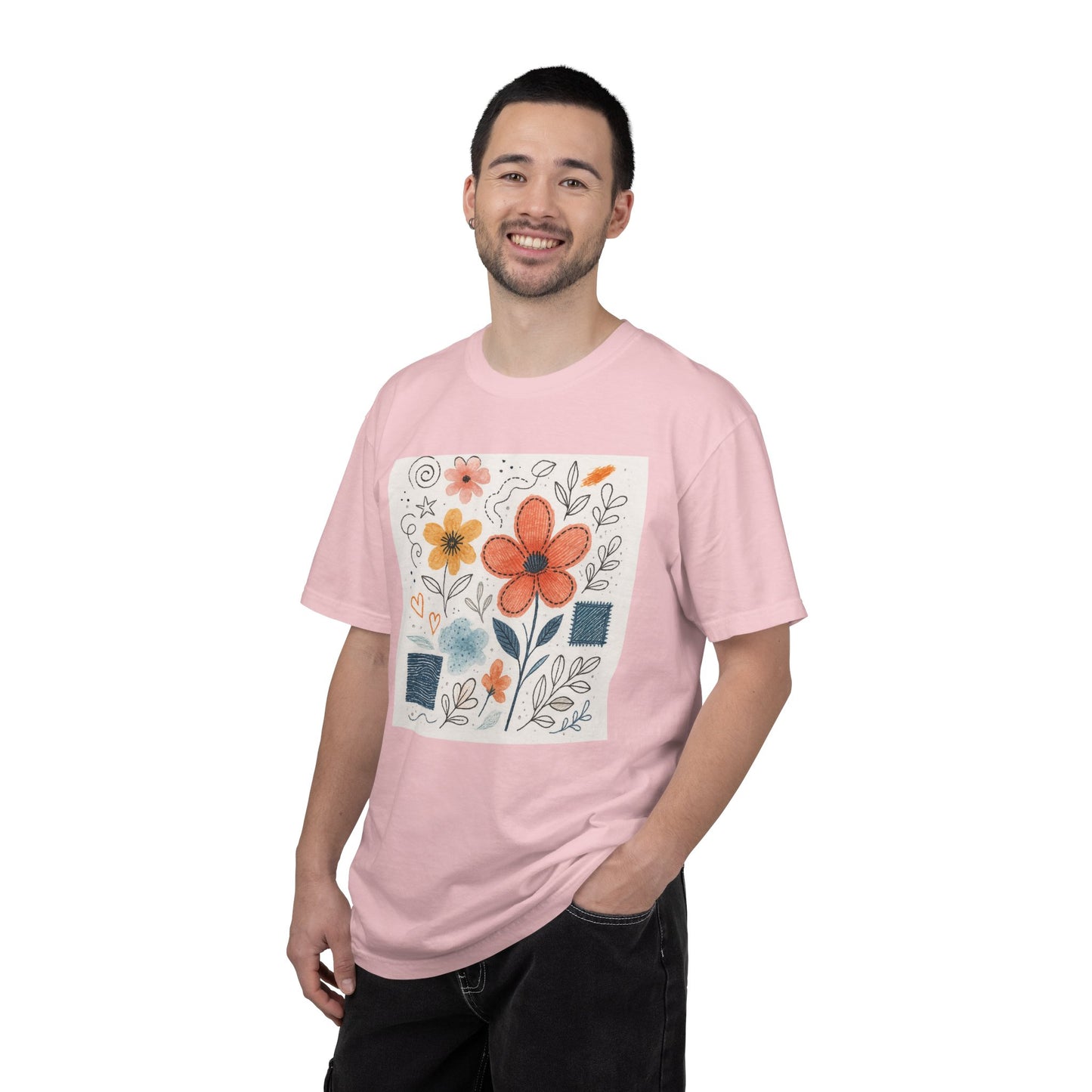 Hand-drawn Watercolor Floral Doodles T-shirt | Linocut & Embroidery Texture