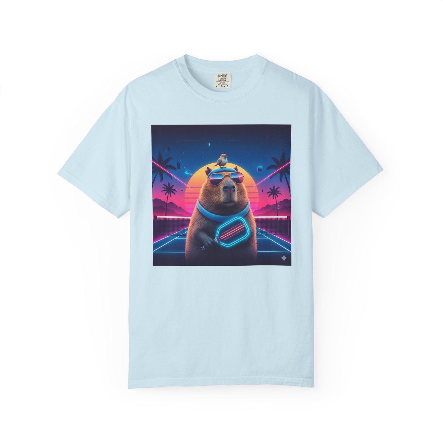 Retro Vaporwave Capybara with Sunglasses T-shirt | Neon Sunset Palm Trees
