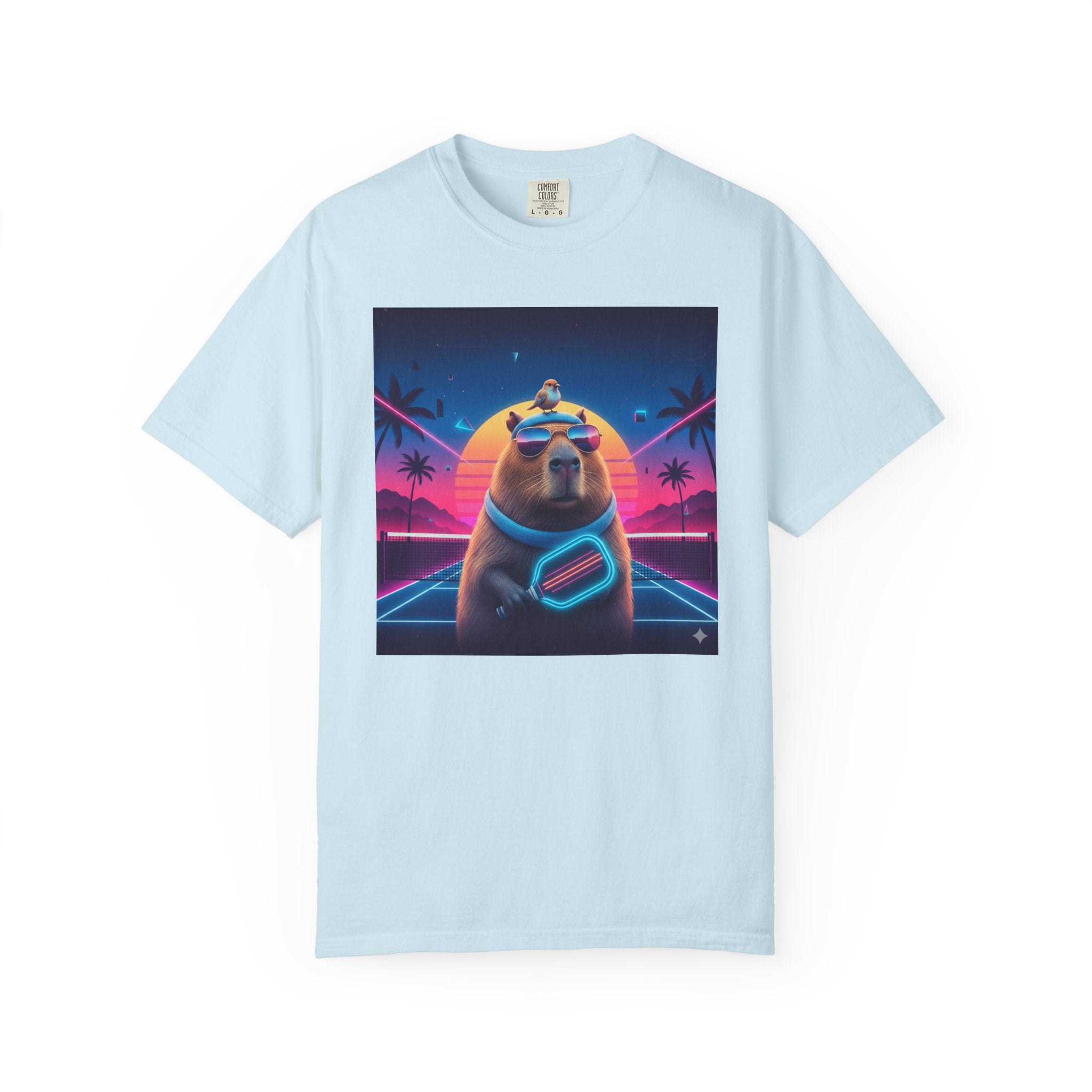 Retro Vaporwave Capybara with Sunglasses T-shirt | Neon Sunset Palm Trees