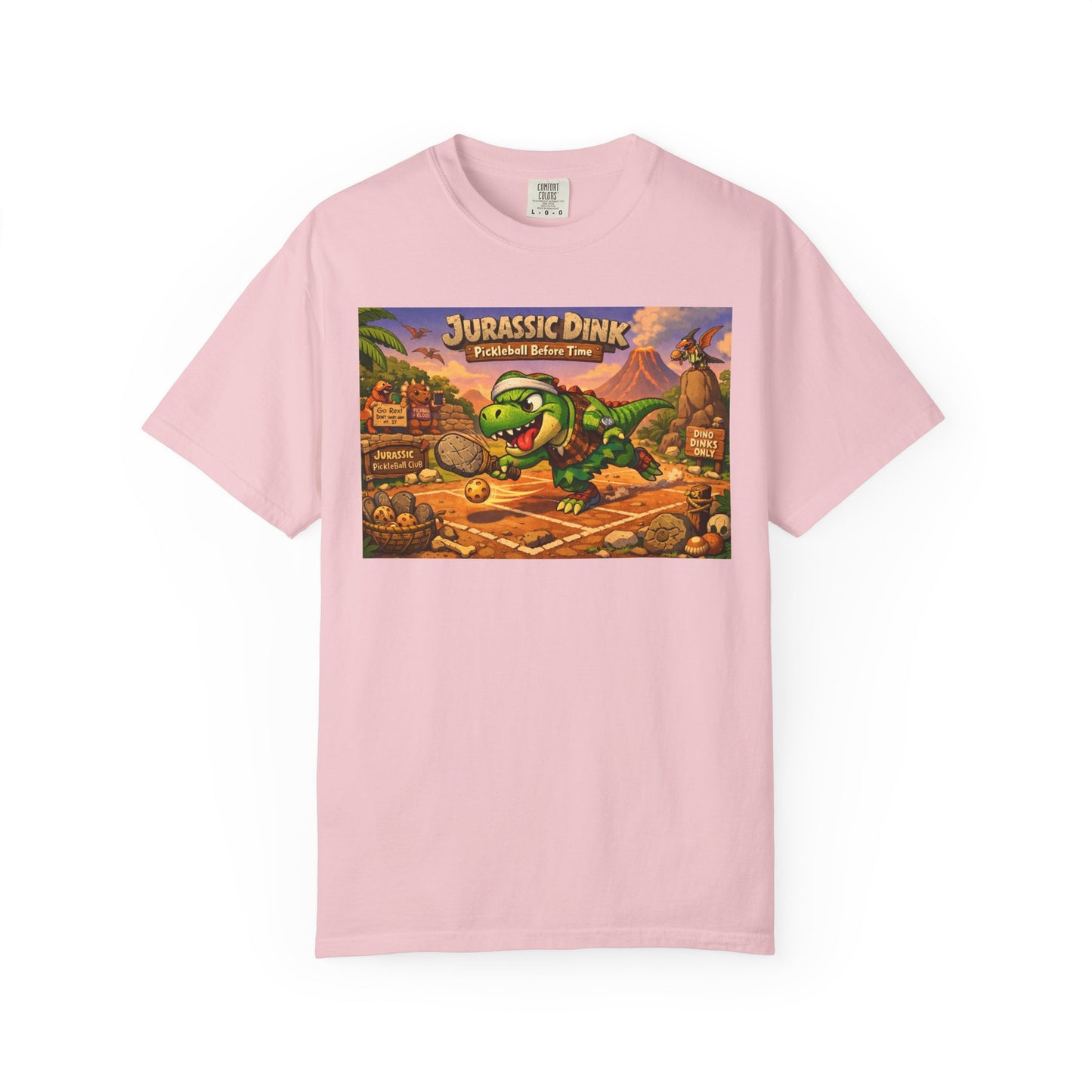 Jurassic Dink Pickleball Dinosaur Arcade Poster T-Shirt | Retro Video Game Shirt