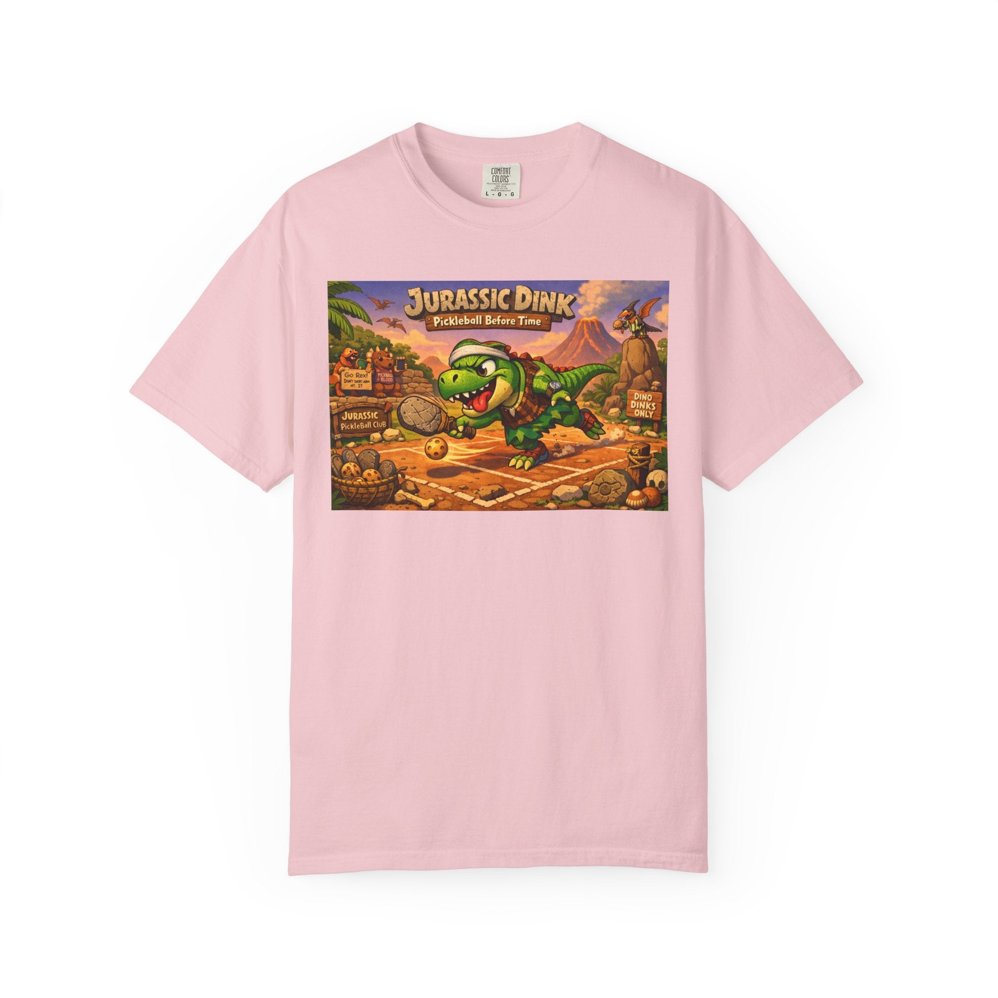 Jurassic Dink Pickleball Dinosaur Arcade Poster T-Shirt | Retro Video Game Shirt