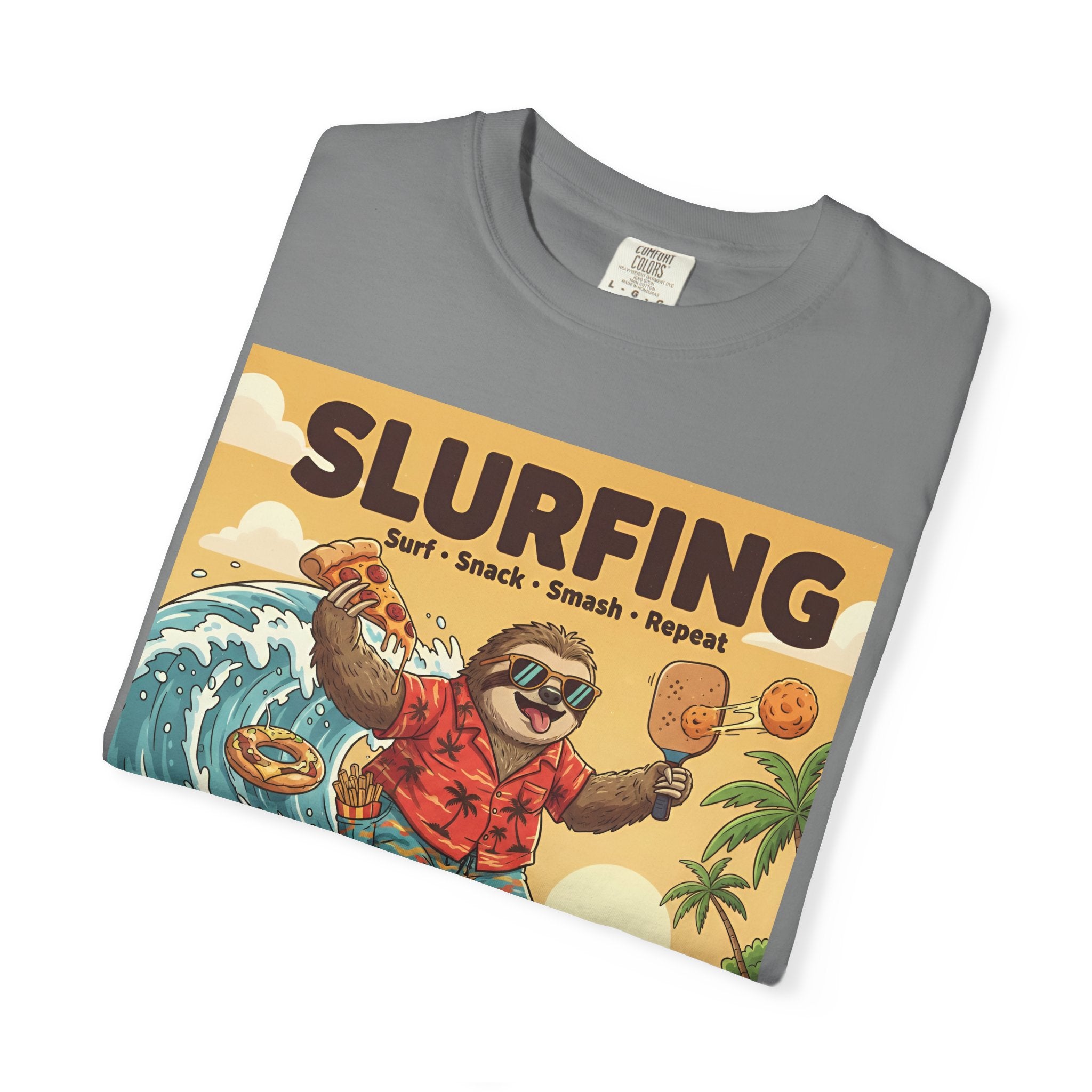 Slurfing Surfing Sloth T-Shirt | Retro Beach Wave Illustration