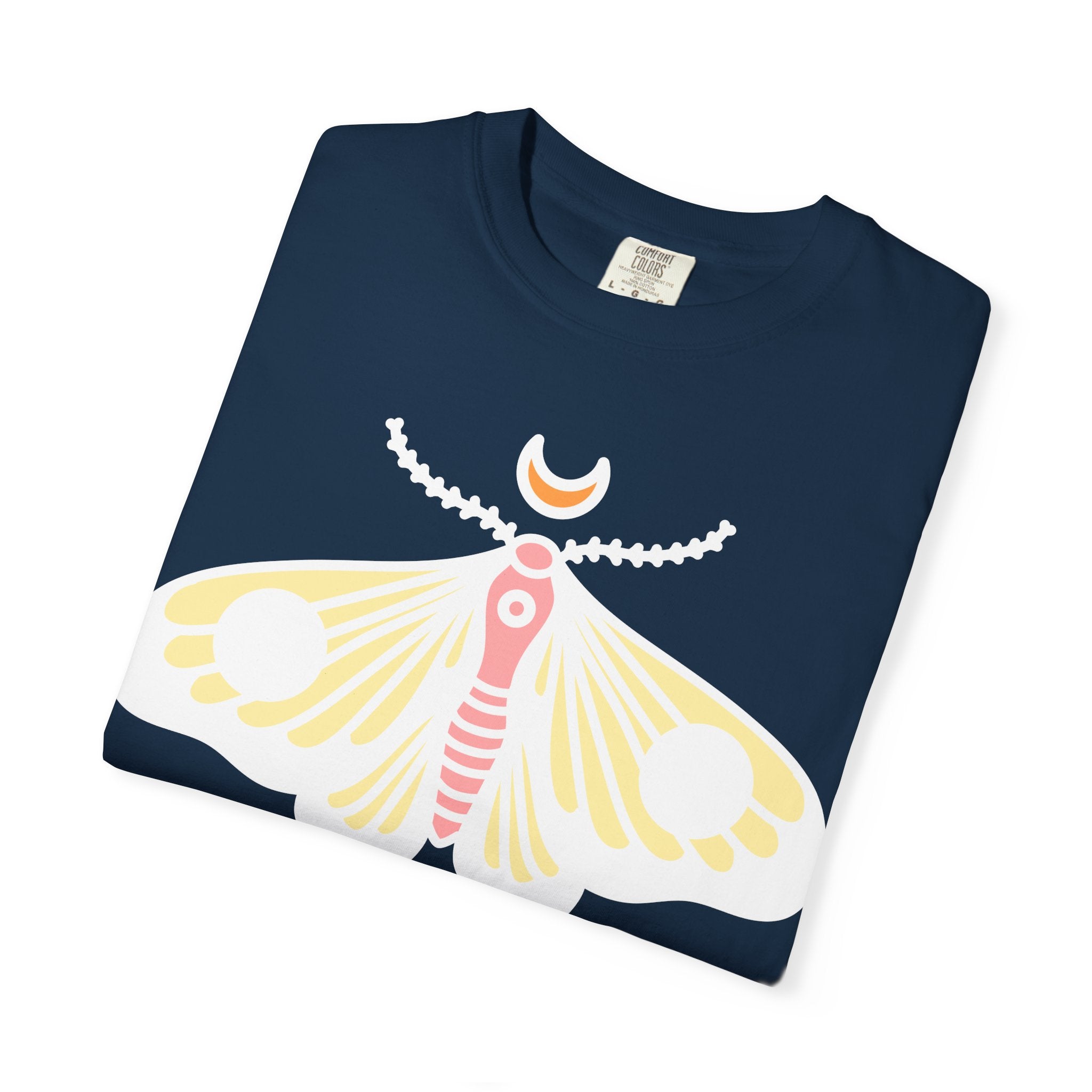Celestial Moth T-shirt | Pink Yellow Moth with Crescent Moon