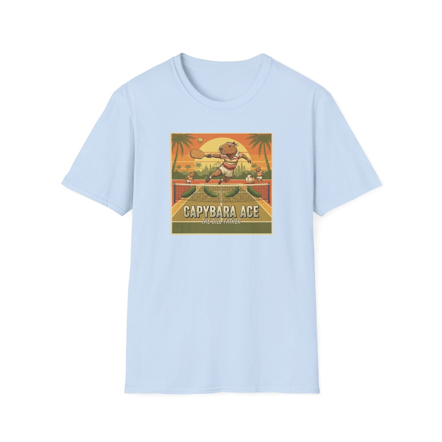 Capybara Ace Pickleball Player T-Shirt | Retro Tropical Court Design