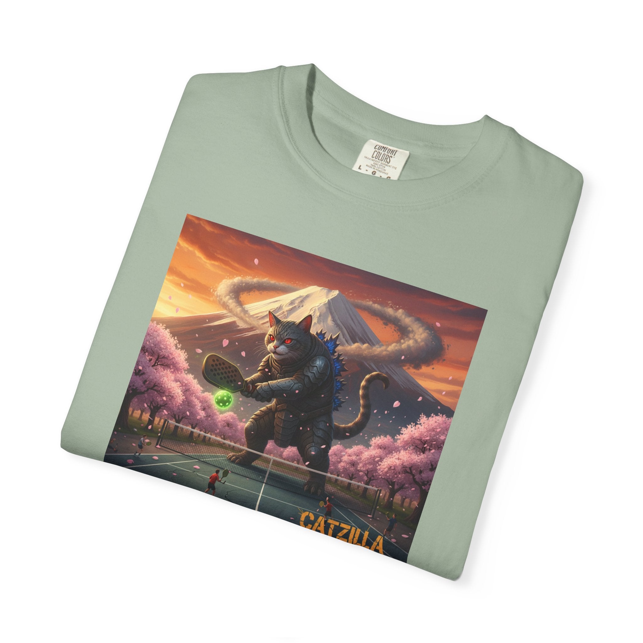Catzilla Pickleball Destroyer T-shirt | Kaiju Cat Samurai, Mount Fuji Cherry Blossoms