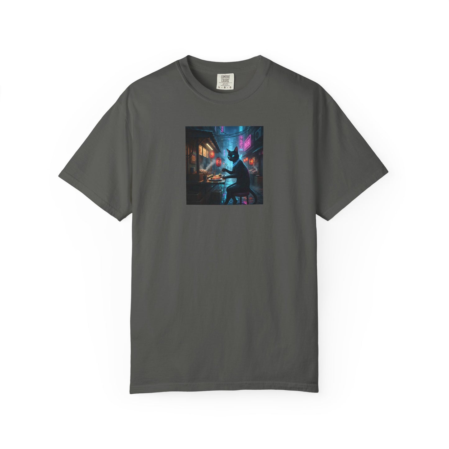 Cyberpunk Cat Sushi T-shirt | Neon Japan Noir