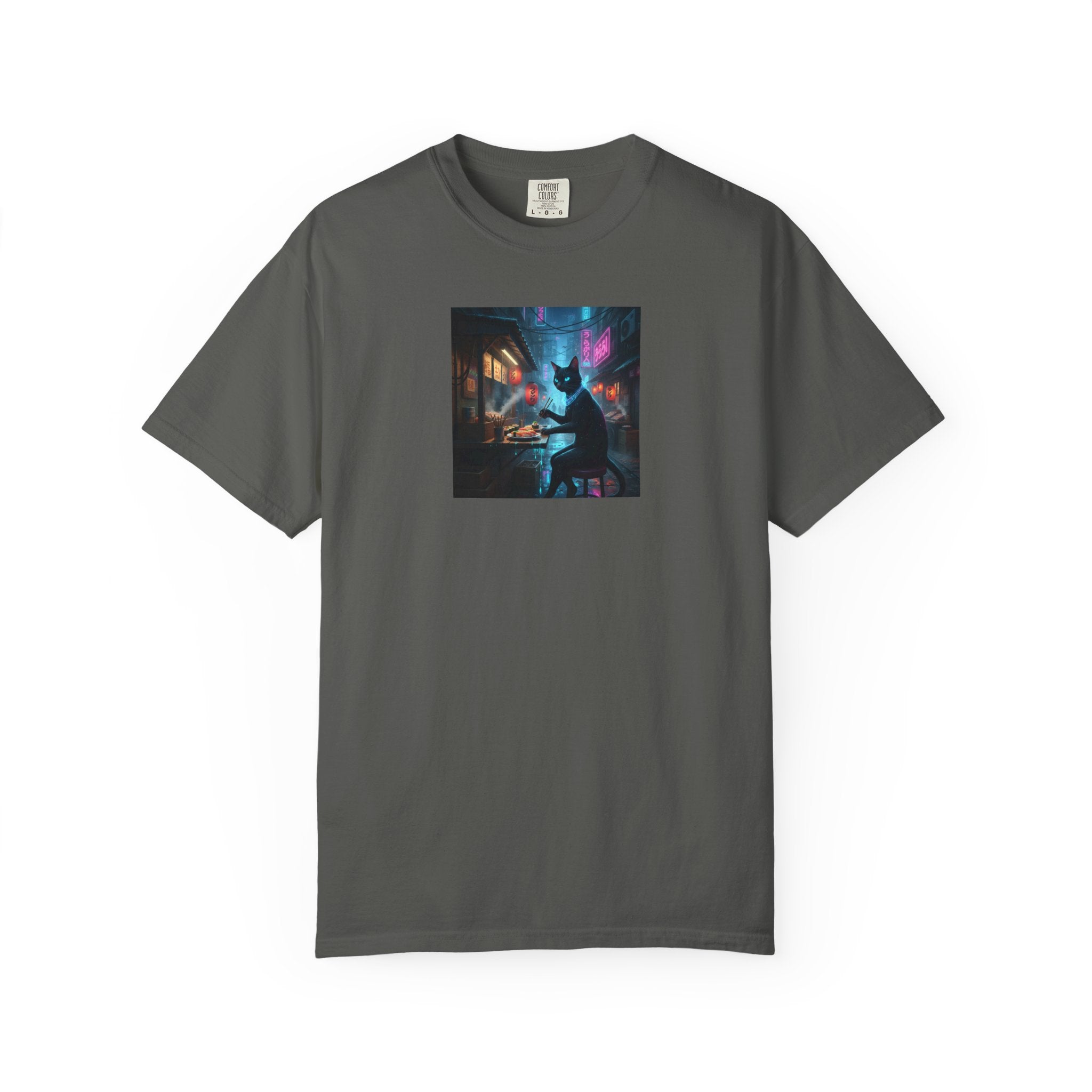 Cyberpunk Cat Sushi T-shirt | Neon Japan Noir