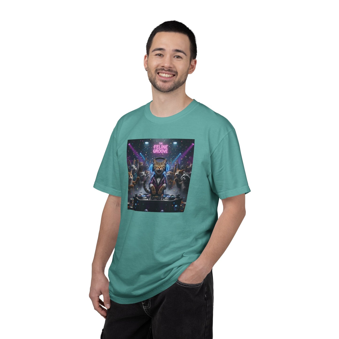 Feline Groove DJ Cat Illustration T-Shirt | Retro Neon Club Scene