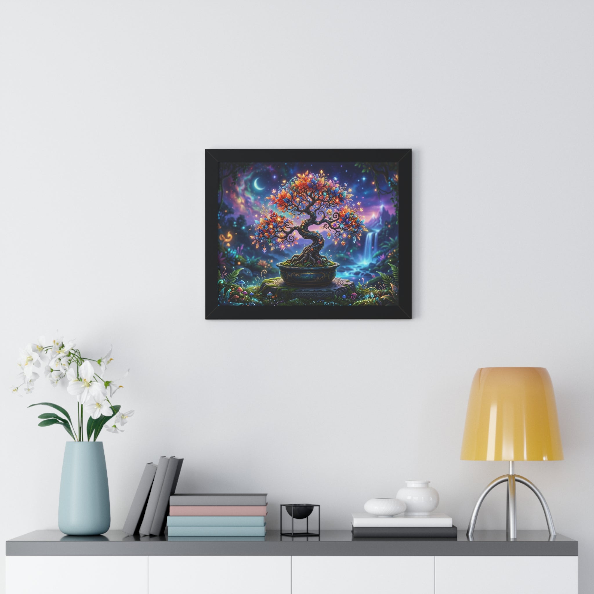 Celestial Magical Bonsai Tree Art Print, Fantasy Galaxy Tree of Life Wall Decor, Glowing Zen Garden Poster, Whimsical Mythical Landscape Art