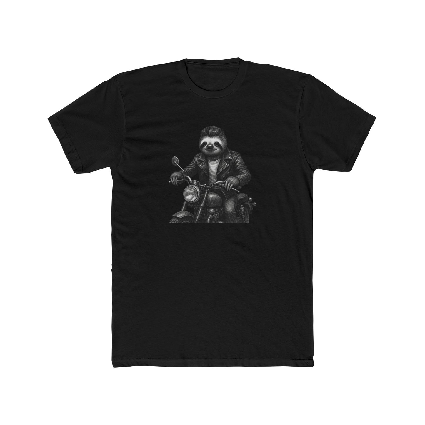Biker Sloth Riding Motorcycle T-Shirt | Retro Monochrome Illustration