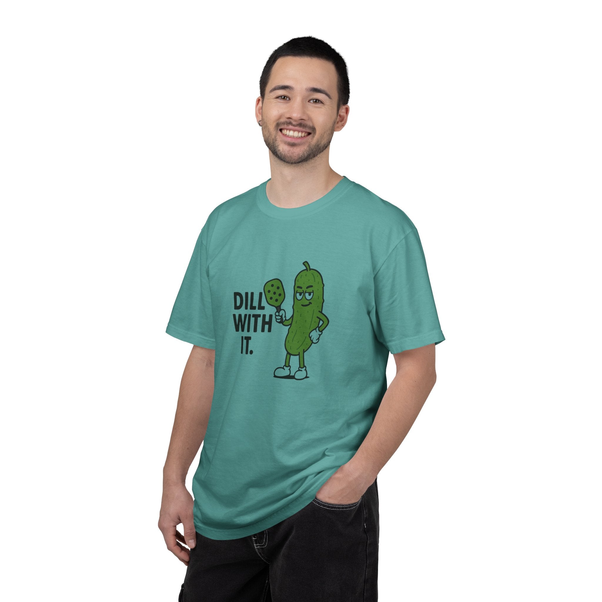 Dill With It Pickle Character T-shirt | Funny Vegan Food Pun Tee