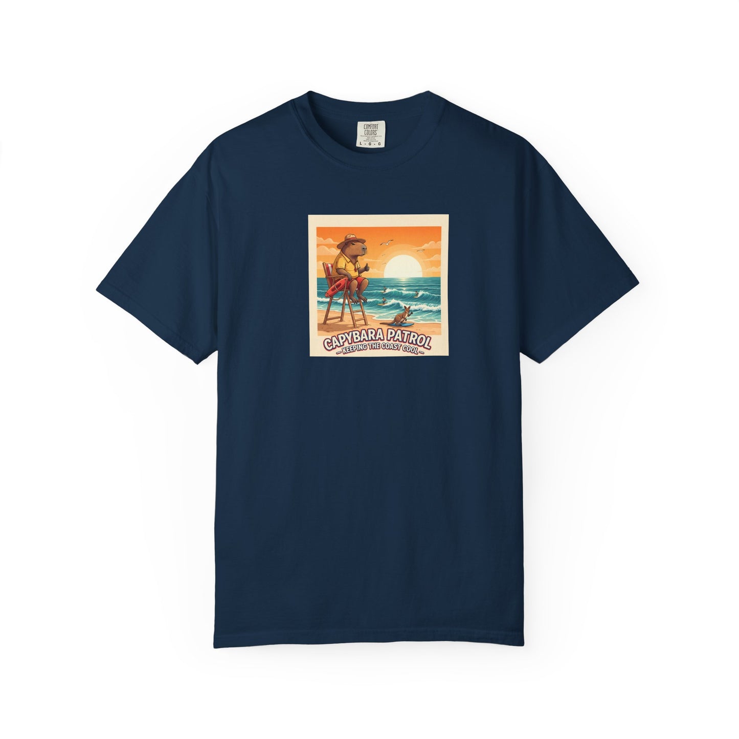 Capybara Patrol Sunset Surfing Capybara T-Shirt | Retro Beach Vibes