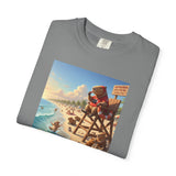 Lifeguard Capybara on Beach T-shirt | Surf Rescue Sunset Scene