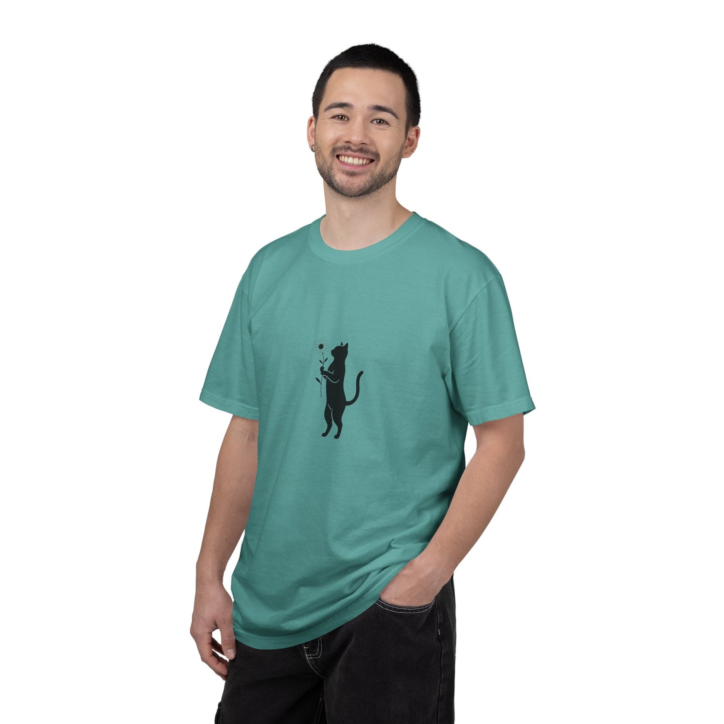 Black Cat Holding Flower T-Shirt | Minimal Cat Silhouette Tee